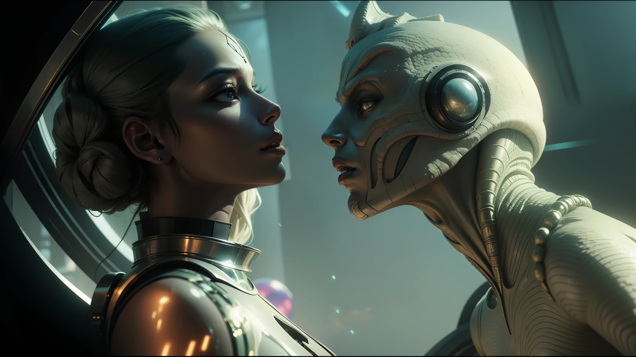 alien woman and man in futuristic space setting with a mirror, shanina shaik as medusa, from a 2 0 1 9 sci fi 8 k movie, still from alita, valerian, alien man with alien woman, movie still of the alien girl, still from movie dune, love death + robots, cinematic still in adam | unity, an epic scifi movie still --auto --s2