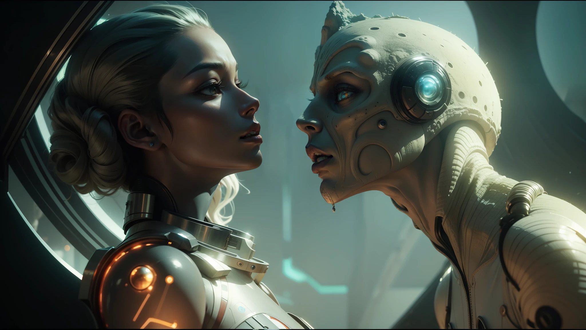 alien woman and man in futuristic space setting with a mirror, shanina shaik as medusa, from a 2 0 1 9 sci fi 8 k movie, still from alita, valerian, alien man with alien woman, movie still of the alien girl, still from movie dune, love death + robots, cinematic still in adam | unity, an epic scifi movie still --auto --s2