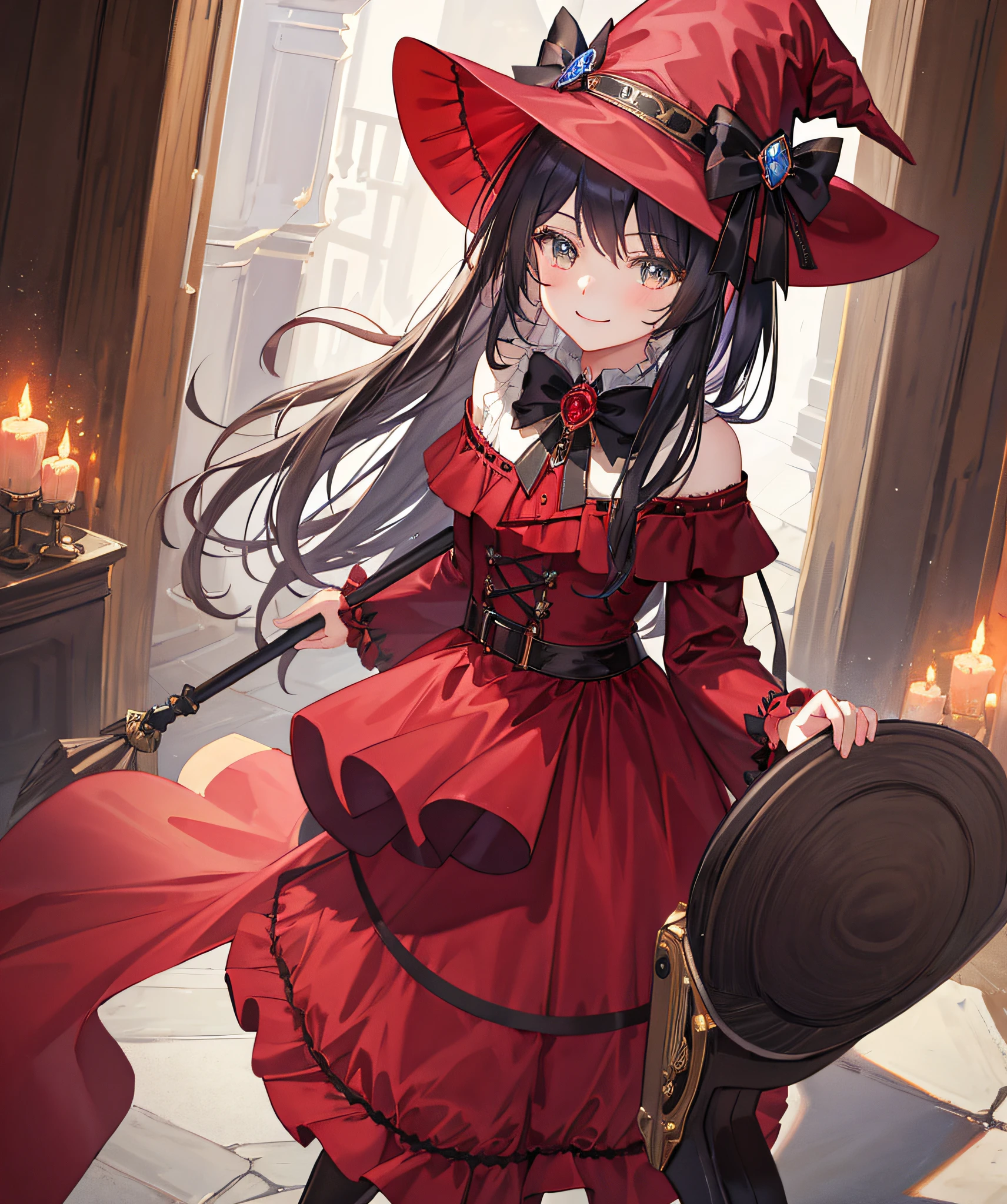 masterpiece,1 girl,solo,crimson_style_costume, majo_costume,witch_hat,brooch,boot,broom,holding_broom,standing,side, bust shot,witch,smile,beautiful eyes,