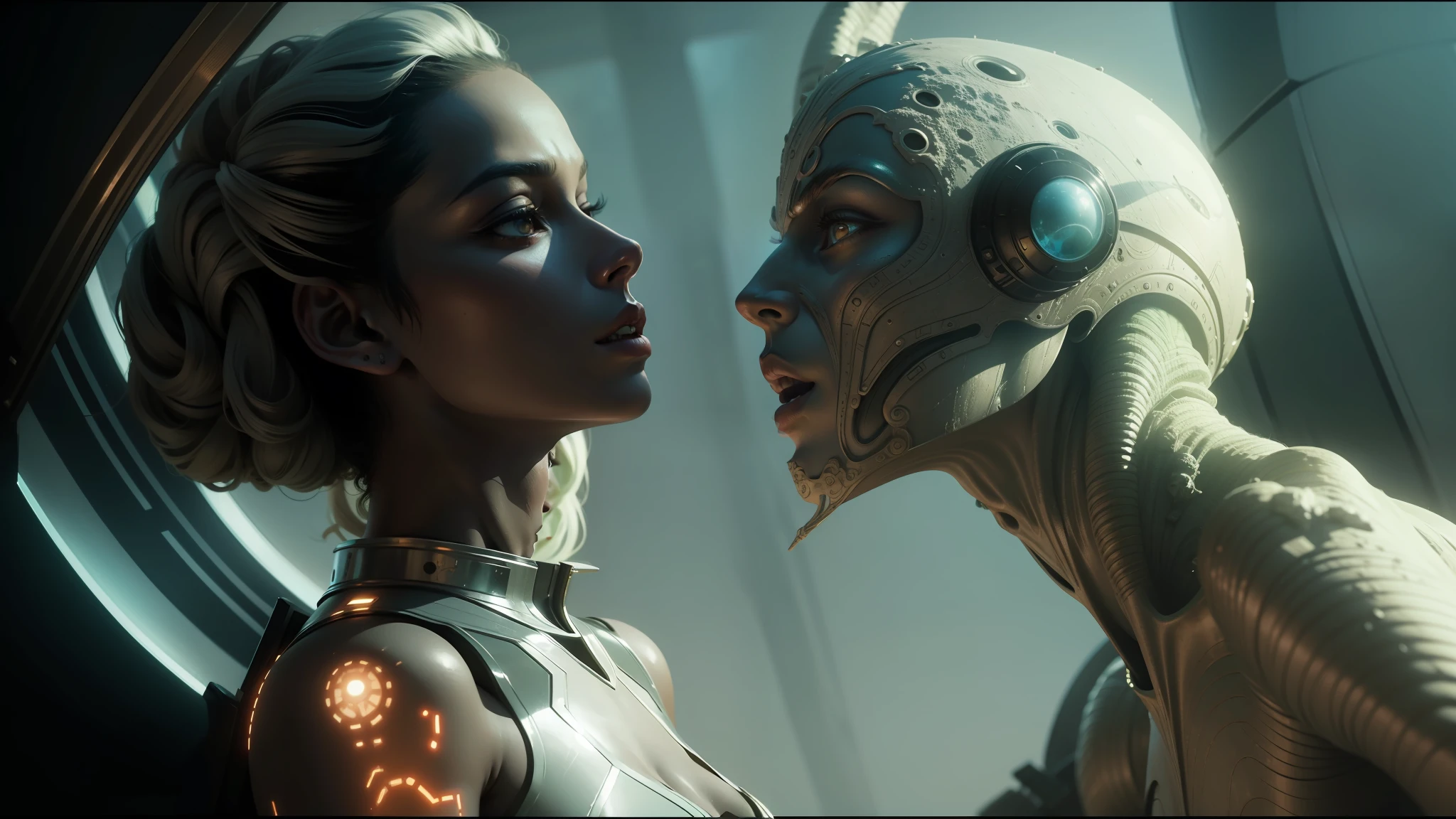 alien woman and man in futuristic space setting with a mirror, shanina shaik as medusa, from a 2 0 1 9 sci fi 8 k movie, still from alita, valerian, alien man with alien woman, movie still of the alien girl, still from movie dune, love death + robots, cinematic still in adam | unity, an epic scifi movie still --auto --s2