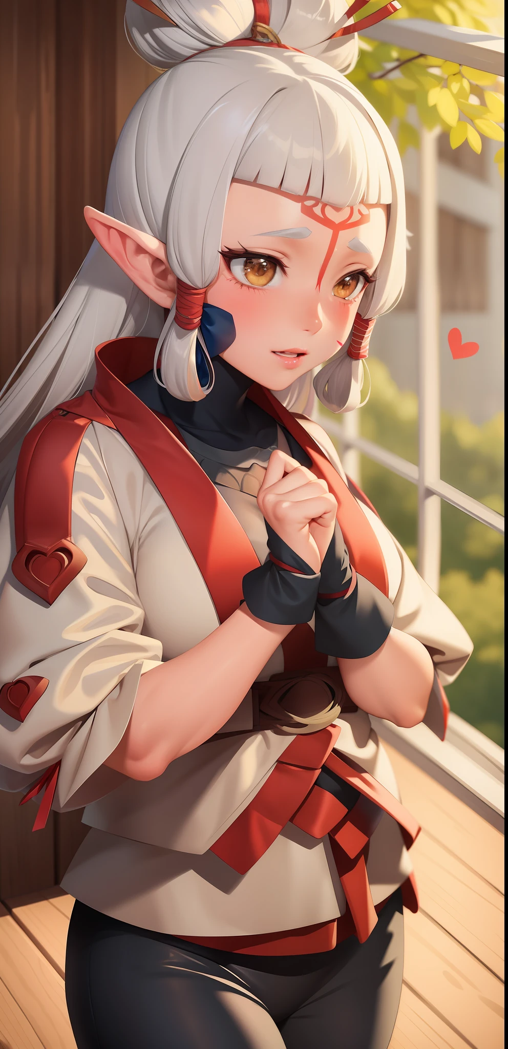 ((masterpiece)), (best quality), (detailed), 1girl, paya, long white hair, pointy ears, facial mark, blushing, heart,