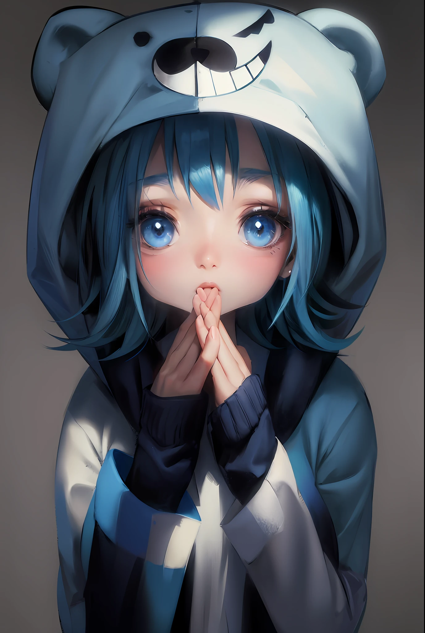 Masterpiece, best quality, official art, 8k wallpaper, very detailed, illustration, 1 girl, sky blue hair, hooded sweatshirt, bear motif on hat