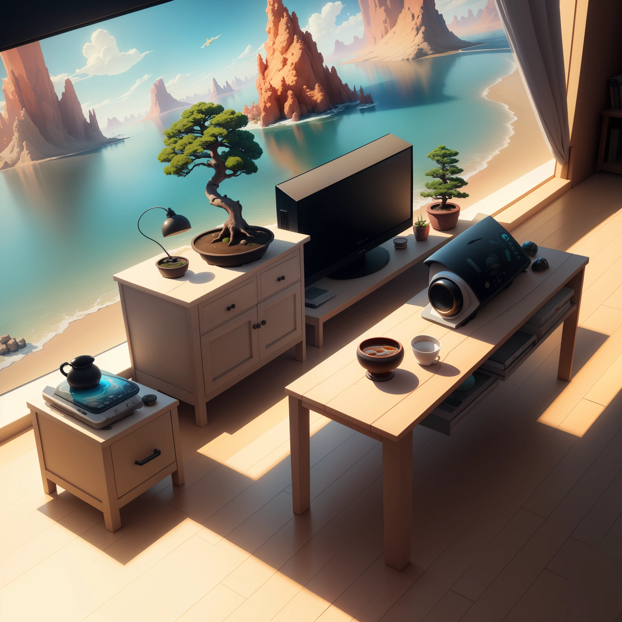 (isometric perspective: 1.5), (Pixar style: 1.2), room, tea machine, chair, (small bonsai: 0.8), lamp, TV, mural, seawater, fish, desert, floating, 3D, Disney, panorama, white background, monochrome background, global illumination, ray tracing, modeling, HDR, octane rendering, Unreal rendering, behance, dribbble, artstation, best quality, 8k,