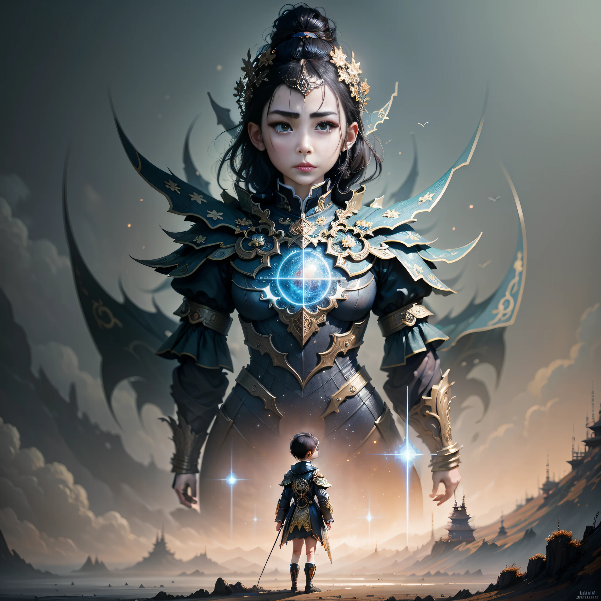 Chinese child, staring at something in the distance, intricate details, electric, fantasy art, Anato Finnstark, latex painting, very detailed, misty rutkowski, hdr, super detailed, edge light, faded, dim, background milky way, stars,