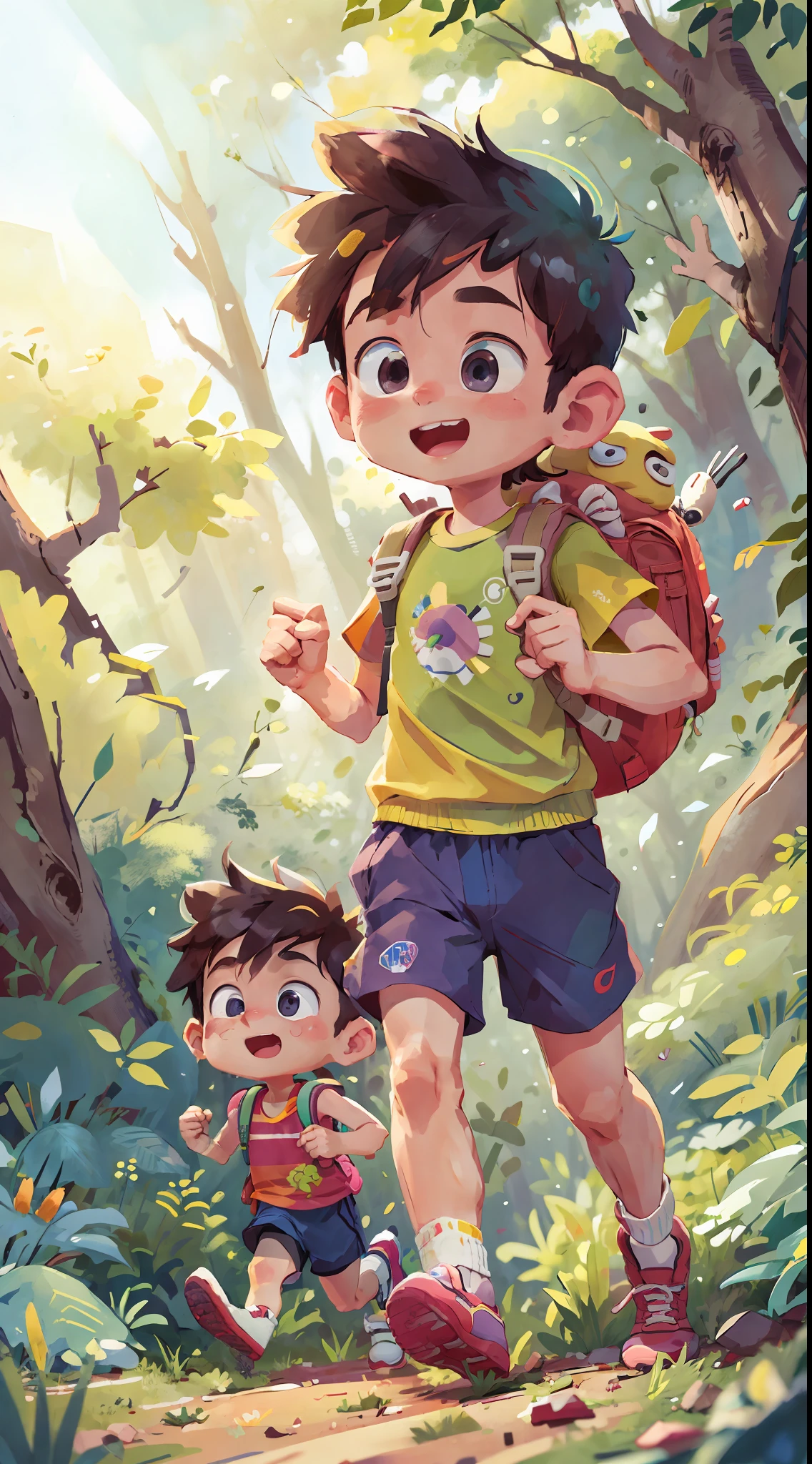 (SFW), (Two Running Boys: 1), Spring Excursion, Happy, Backpack on Back, That Little Car Toy in Hand, Forest in the Background, Perfect Quality, Clear Focus, Colorful, Perfect Face, Intricate Details, Ultra Low Viewing Angle, Wide Angle Lens