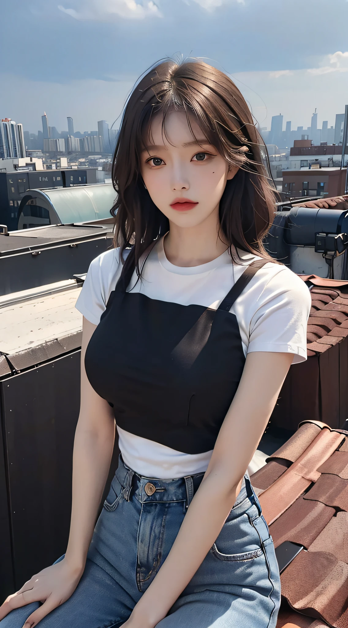 ((Midnight, Best quality, 8k, Masterpiece :1.3)), Whole body, Long legs, Sharp focus :1.2, A pretty woman with perfect figure :1.4, Slender abs :1.1, ((Dark brown hair, Big breasts :1.2)), (White tight tshirt, Jean bib, Standing:1.2), ((Night city view, Rooftop:1.3)), Highly detailed face and skin texture, Detailed eyes, Double eyelid