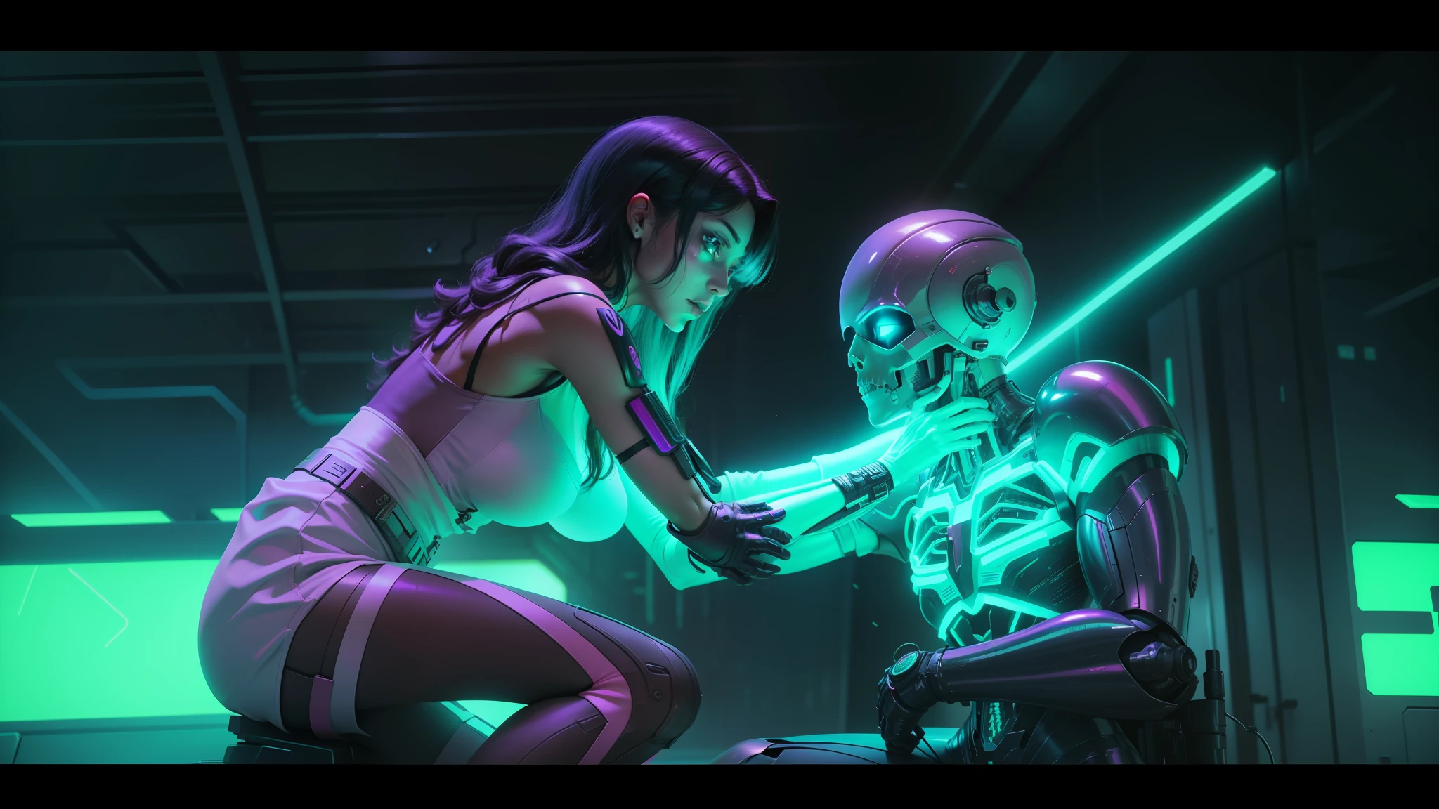araffe and a woman in a white dress are touching each other, movie still of the alien girl, artgerm ; 3d unreal engine, movie still of a alien cyborg, 8 0 s neon movie still, 8 0 s asian neon movie still, love death + robots, cinematic neon uplighting, synthwave image, love death and robots --auto --s2