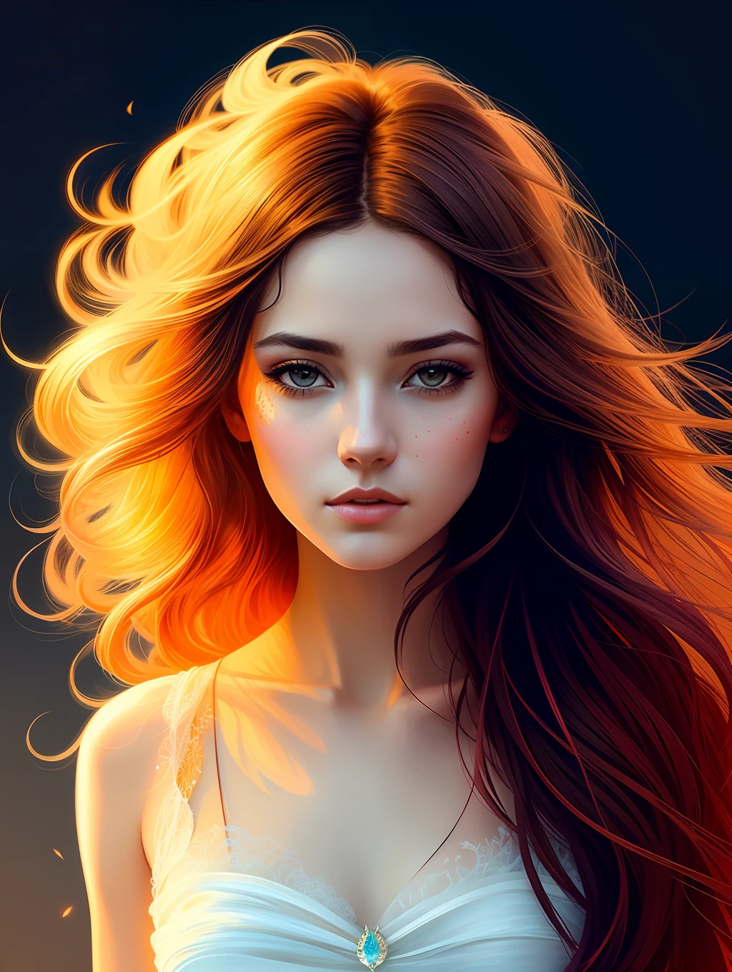 An extremely beautiful woman completely made out of burning flames and lightnings, long windy hair, wearing a silky flowing dress, her whole body is on fire, her skin looks like a volcanic lava, expression agony, in the style of Ilya Kuvshinov and Guweiz, Medium shot, vivid, intricate, highly detailed, insanely beautiful, 8K, uhd, Cecile Agnes, Carne Griffiths, digital painting.