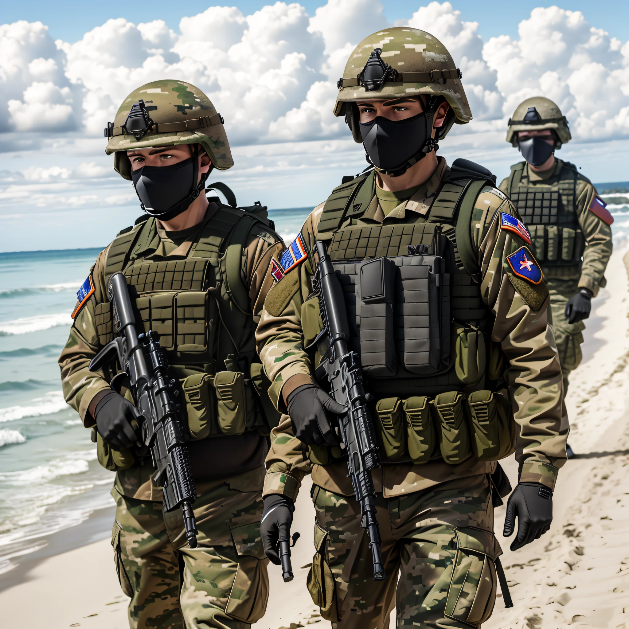 soldiers walking on the beach with their weapons in hand, special forces security, several soldiers, us soldiers, russian army infantry soldiers, military police, military, soldiers, realistic soldiers, special forces, russian national guard, troops searching the area, us army, mechanized police infantry, french special ops, dressed in tactical armor, shutterstock, clothes in military armor