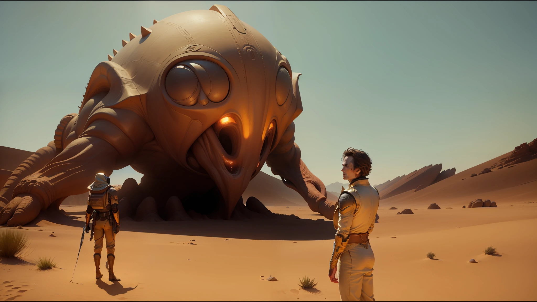 there is a man standing in front of a giant alien creature, still from movie dune, film still from movie dune-2021, scene from dune 2 0 2 1 movie, dune (2021), film still from dune 2020, in the movie dune, from a 2 0 1 9 sci fi 8 k movie, dune the movie --auto --s2