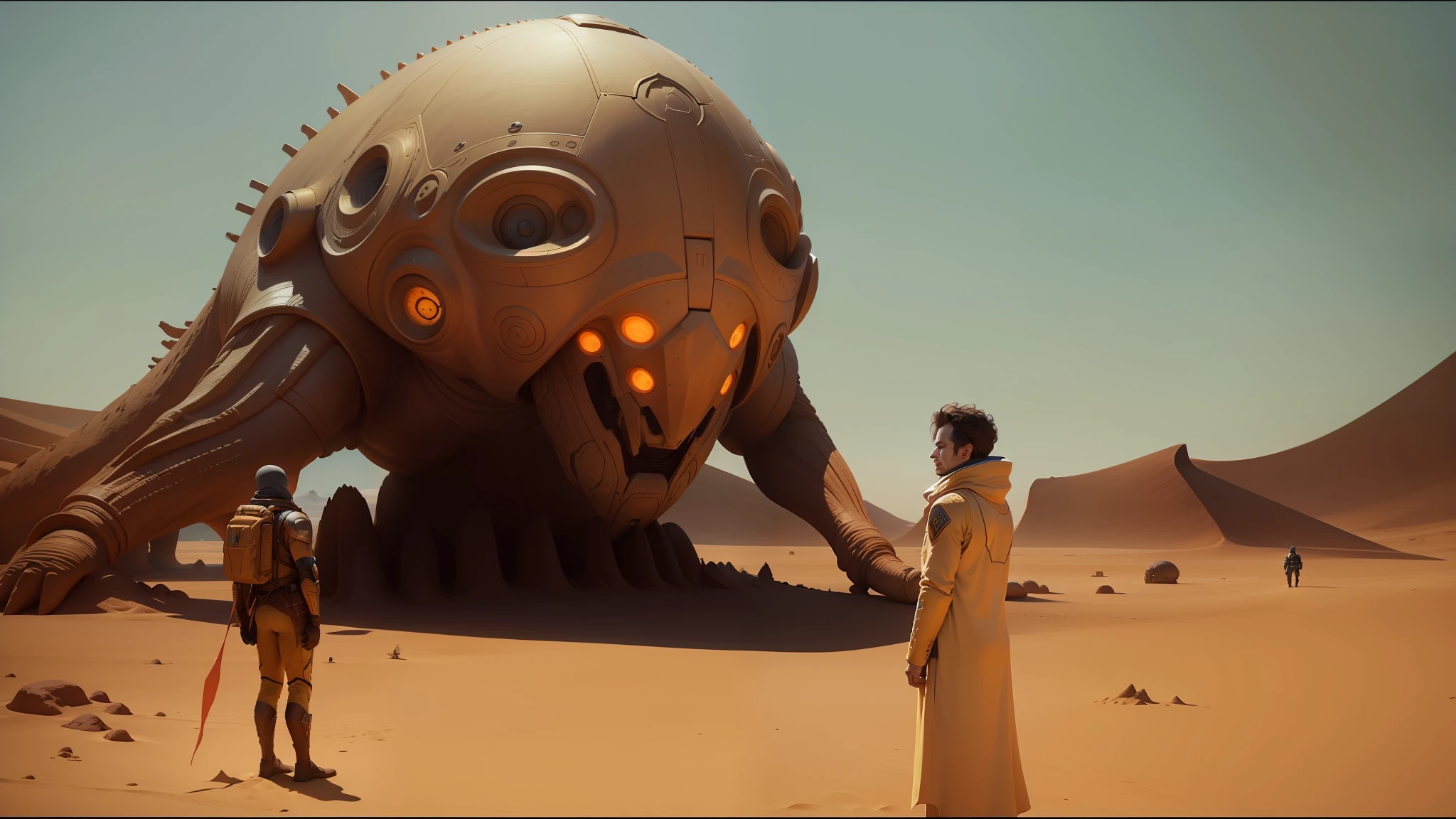 there is a man standing in front of a giant alien creature, still from movie dune, film still from movie dune-2021, scene from dune 2 0 2 1 movie, dune (2021), film still from dune 2020, in the movie dune, from a 2 0 1 9 sci fi 8 k movie, dune the movie --auto --s2