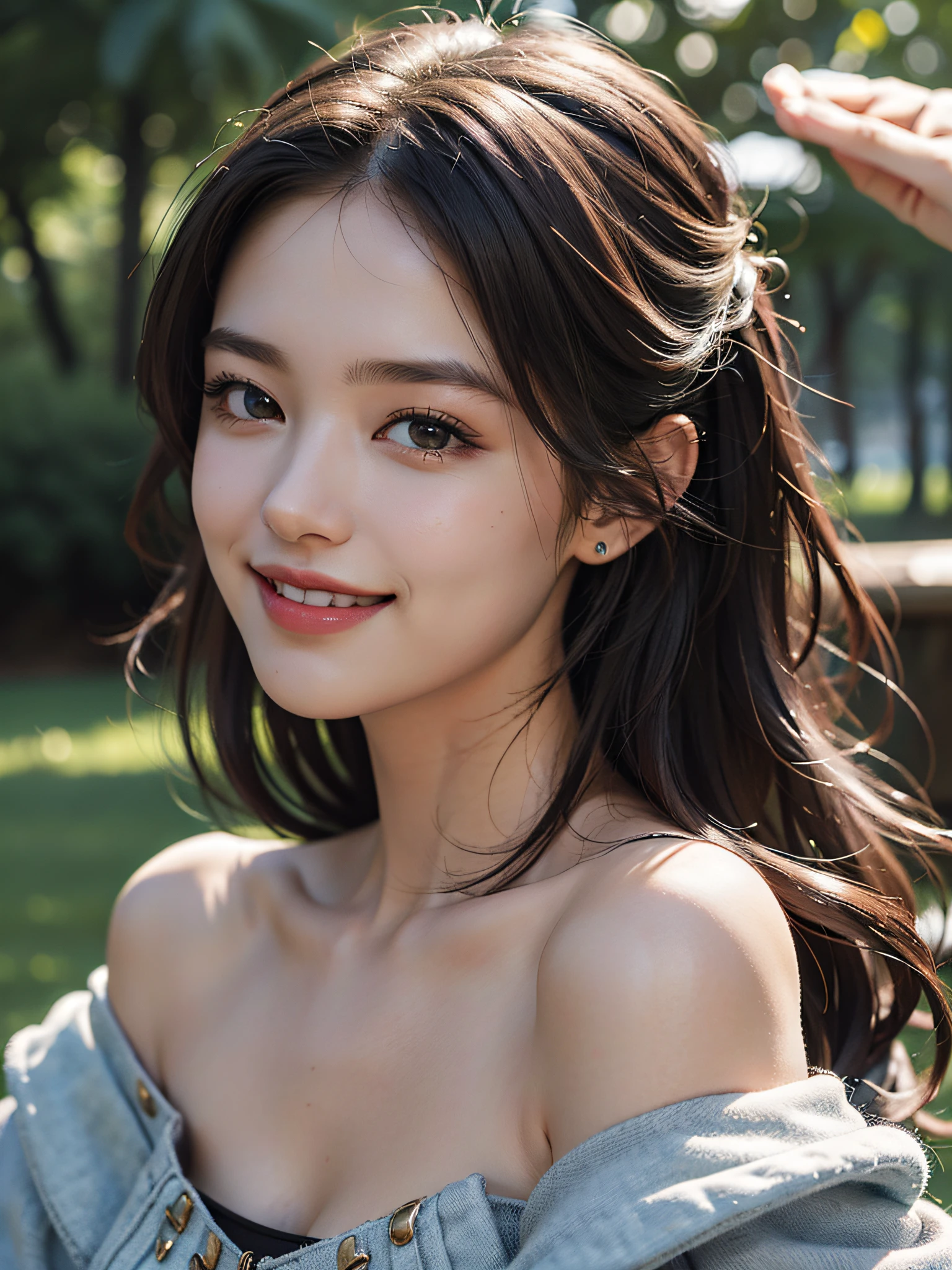 best quality, masterpiece, ultra high res, photorealistic, 1girl, offshoulder, smile
