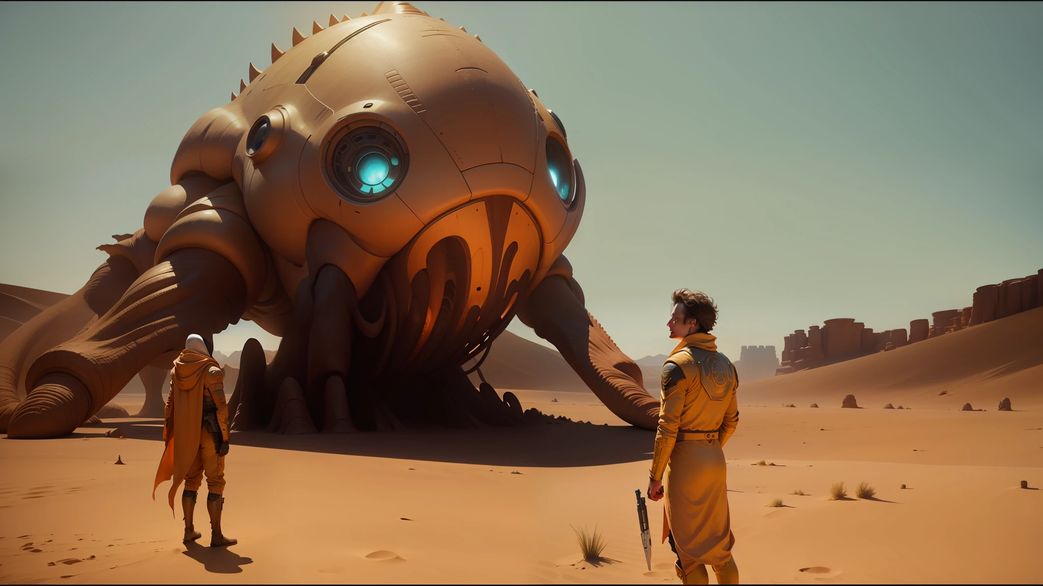 there is a man standing in front of a giant alien creature, still from movie dune, film still from movie dune-2021, scene from dune 2 0 2 1 movie, dune (2021), film still from dune 2020, in the movie dune, from a 2 0 1 9 sci fi 8 k movie, dune the movie --auto --s2
