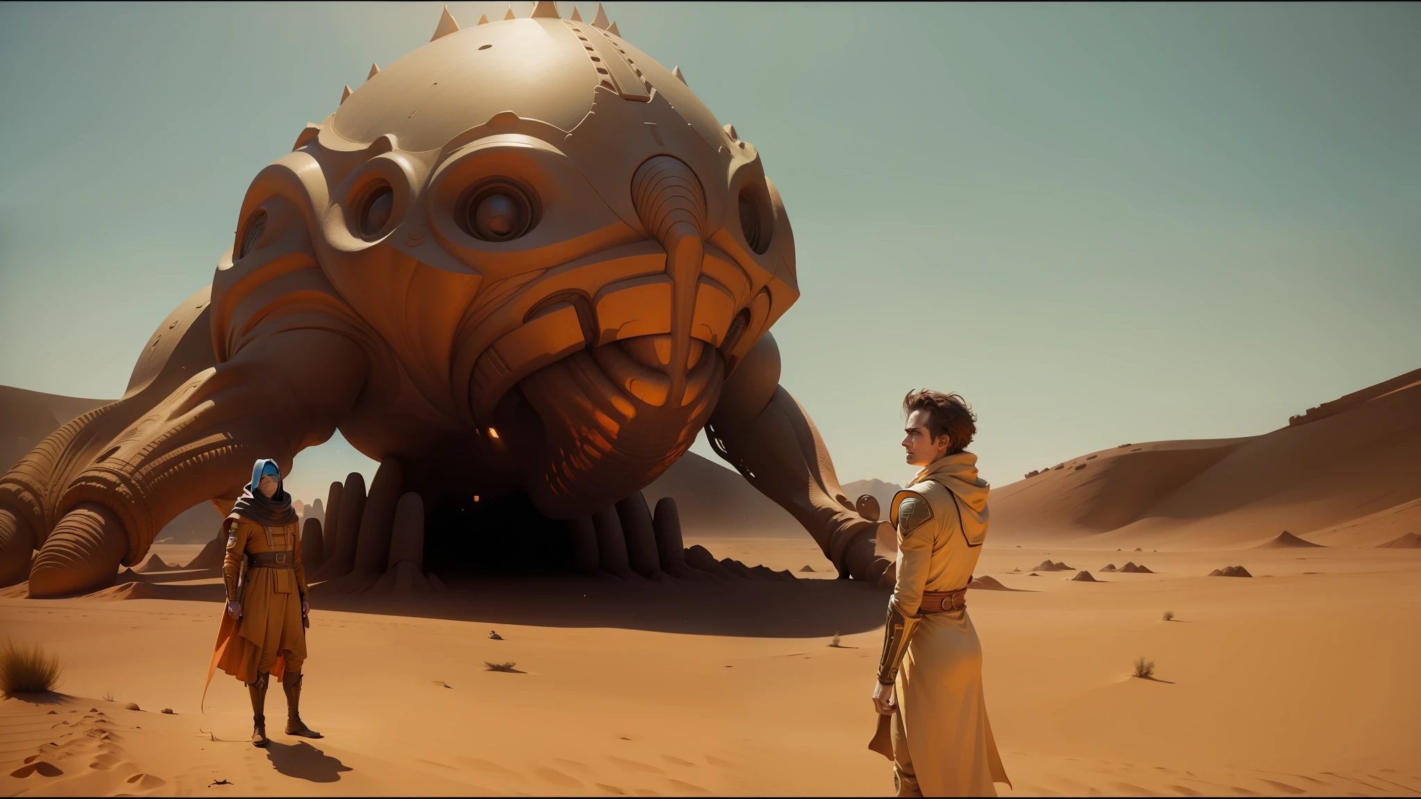 there is a man standing in front of a giant alien creature, still from movie dune, film still from movie dune-2021, scene from dune 2 0 2 1 movie, dune (2021), film still from dune 2020, in the movie dune, from a 2 0 1 9 sci fi 8 k movie, dune the movie --auto --s2