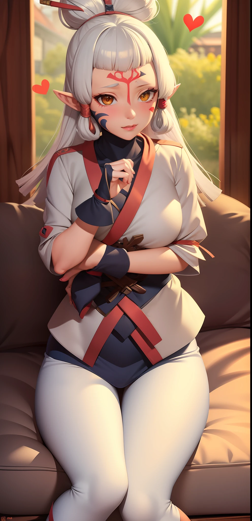 ((masterpiece)), (best quality), (detailed), 1girl, paya, long white hair, pointy ears, facial mark, blushing, heart,sitting on pillow