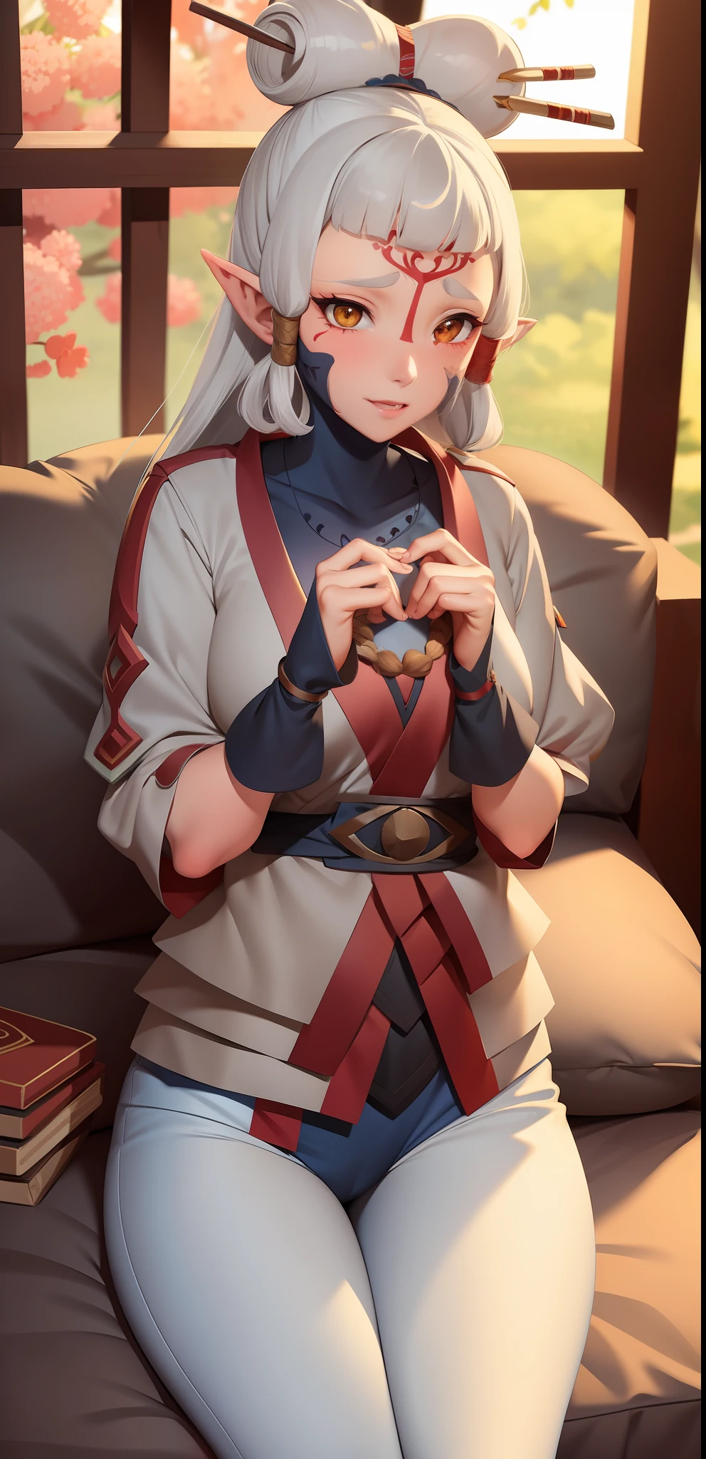 ((masterpiece)), (best quality), (detailed), 1girl, paya, long white hair, pointy ears,  mark, blushing, heart,sitting on pillow