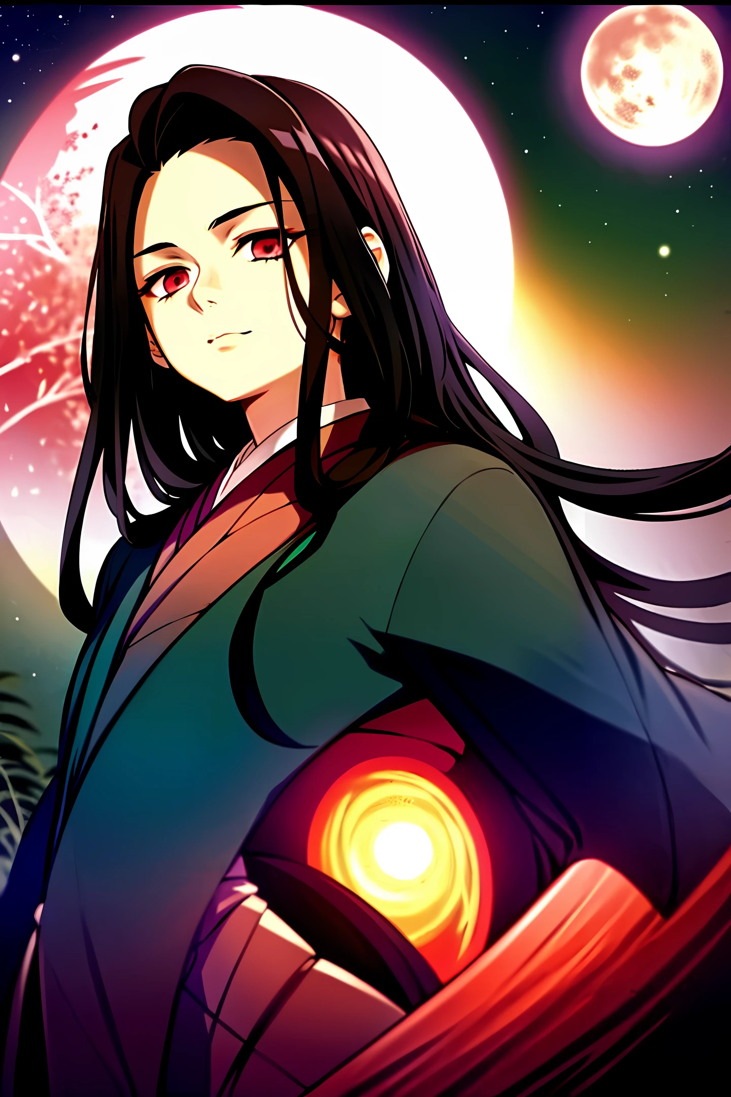 Work of art, masterpiece, detailed face, scarlet moon, Itachi uchiha (on top of a tree, view from below, black hair, soil, scarlet eyes, mangekyo sharingan, lake mirroring the moon, beautiful lake, wind, high definition, starry sky, wallpaper, thoughtful,