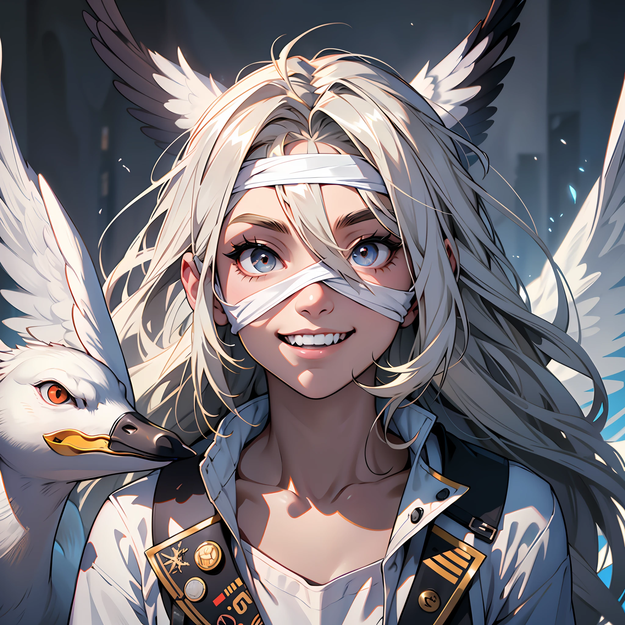 Half-body, Ultra High Resolution, Primetime Lighting, White Shirt (Upper Body), Looking at Audience, Face Forward, Toothy Smile, Jacket, Long Hair, High Nose Bridge, Big Eyes, Narrow Nose Wings, Goose Egg Face, Blindfolded --s --auto