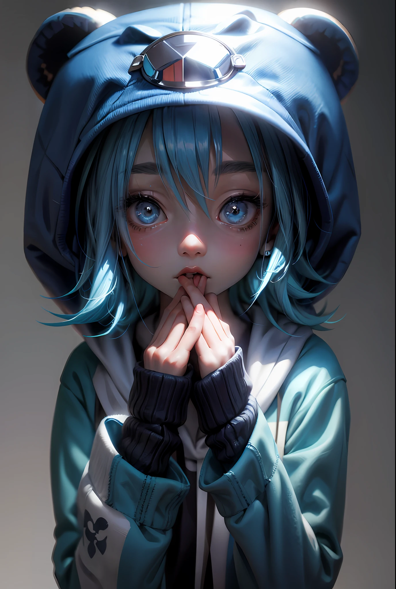 Masterpiece, best quality, official art, 8k wallpaper, very detailed, illustration, 1 girl, sky blue hair, hooded sweatshirt, bear motif on hat