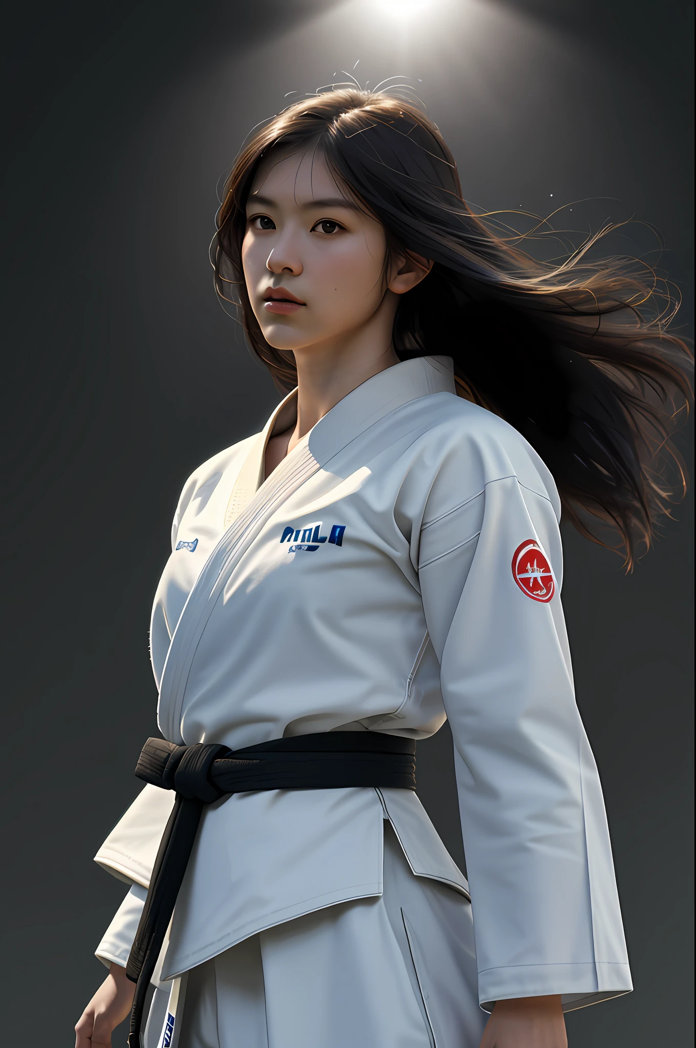 (8k, RAW photo, top quality, masterpiece: 1.2), (realistic, photorealistic: 1.37), masterpiece, female judoka standing alone, white judogi with black belt, cowboy composition, front gaze, long hair disheveled, loud shouting expression, collar adjusting, angle from an angle, ridiculous figure, jab with right arm, jab with left arm, punching pose, dark night, backlit, shoryuken