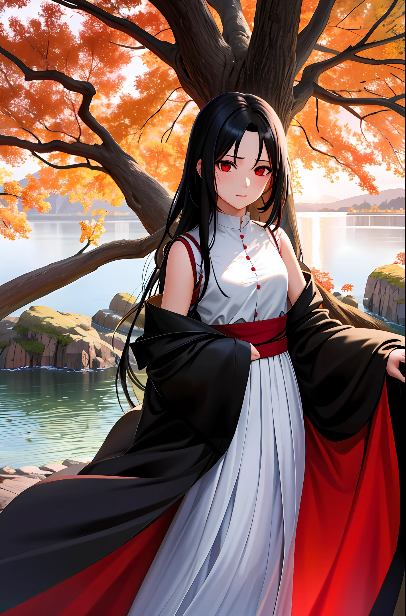 I want a high-definition artwork that depicts Itachi Uchiha's detailed face on top of a tree, seen from below. Your black hair should be in the wind and your eyes should be scarlet in color. In the background, a beautiful lake should reflect the scarlet moon. The starry sky should be seen among the leaves of the tree. This work should be thoughtful and a true masterpiece, ideal to be used as a wallpaper