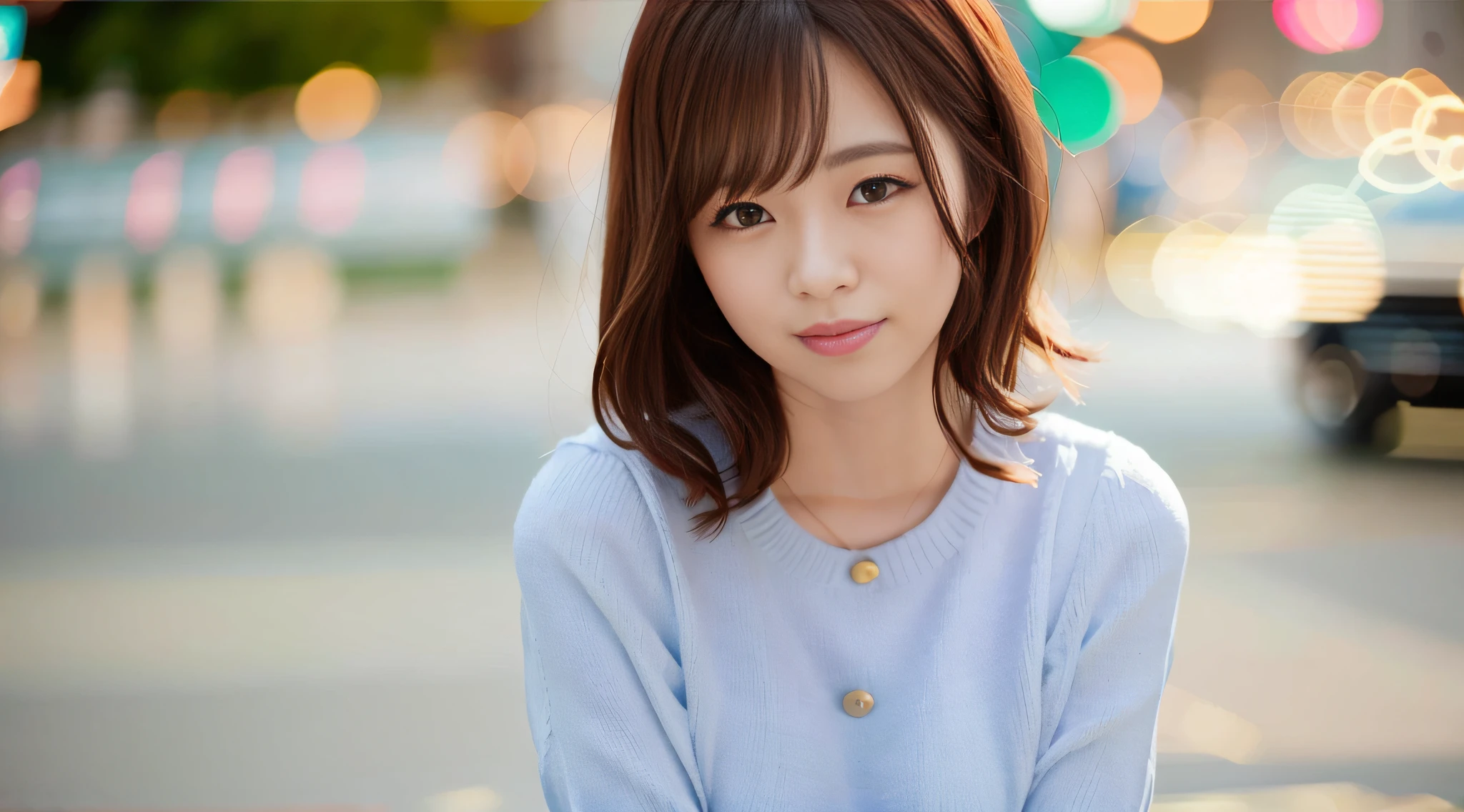 (skin blemish:1.2), (skindentation), black eye, 1woman, 25yo, (((woman))), solo, realistic,  best quality, photorealistic, masterpiece, 8k, high res, solo, extremely detailed face,  (professional lighting, bokeh), (light particles, lens flare, glowing particles:0.6), (dynamic pose:1.2), soft lighting, top angle view, fashionable and trendy atmosphere, japan, street, tokyo, city, ((daytime)), sky,  ((looking at the viewer:1)), (looking at the camera),(portrait:0.6), cowboy shot, gorgeous, standing, keep original facial proportion, wide shoulder, full body,  (small breast),  (medium hair), brown hair, floating hair, lips, lipstick, seductive smile, floating hair, smile, open_mouth, teeth, (sleeves less white blouse), (jumper skirt), eyelashes, mole, (mole under eye:1),