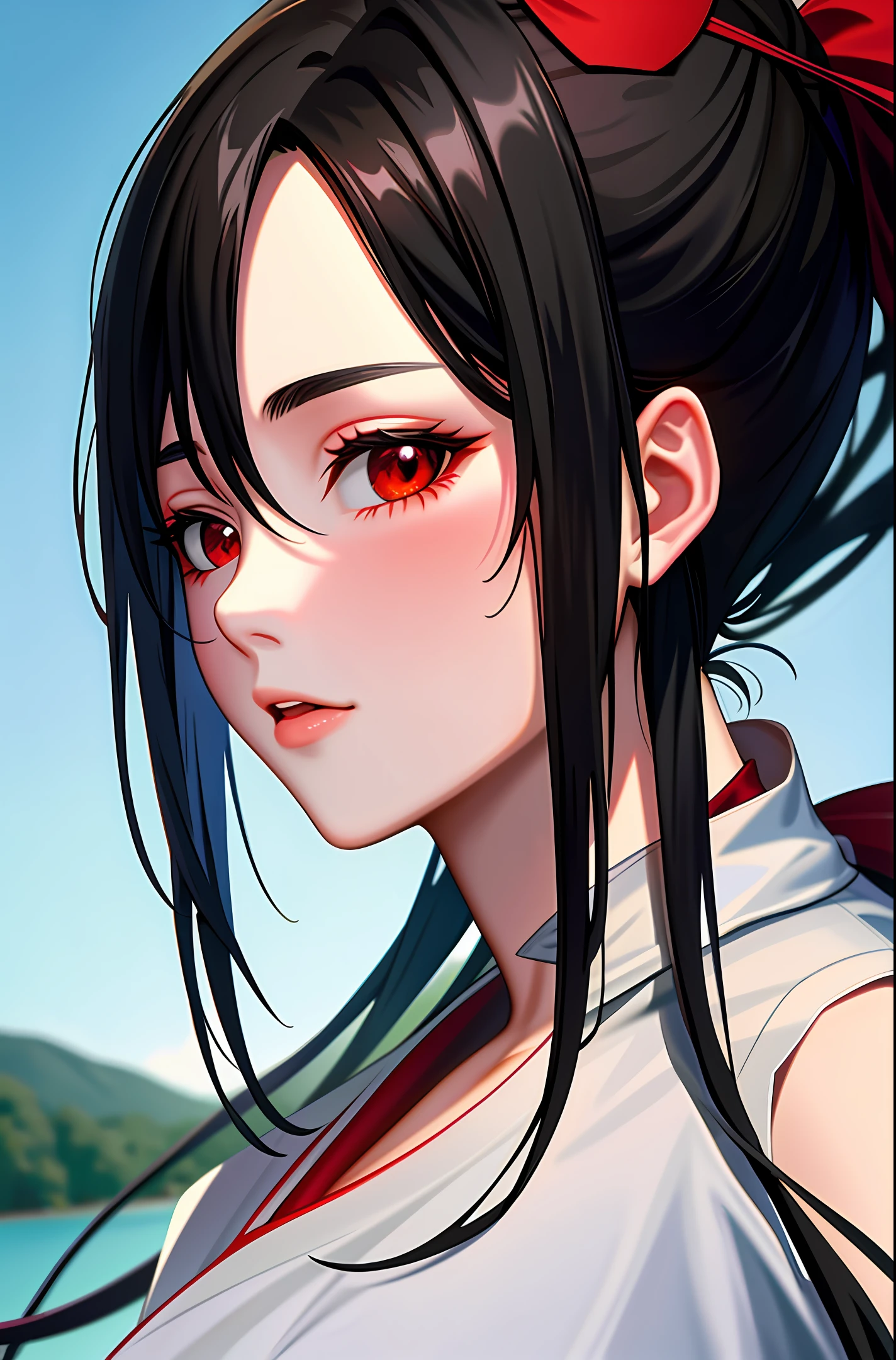 I want a high-definition artwork that depicts Itachi Uchiha's detailed face on top of a tree, seen from below. Your black hair should be in the wind and your eyes should be scarlet in color. In the background, a beautiful lake should reflect the scarlet moon. The starry sky should be seen among the leaves of the tree. This work should be thoughtful and a true masterpiece, ideal to be used as a wallpaper