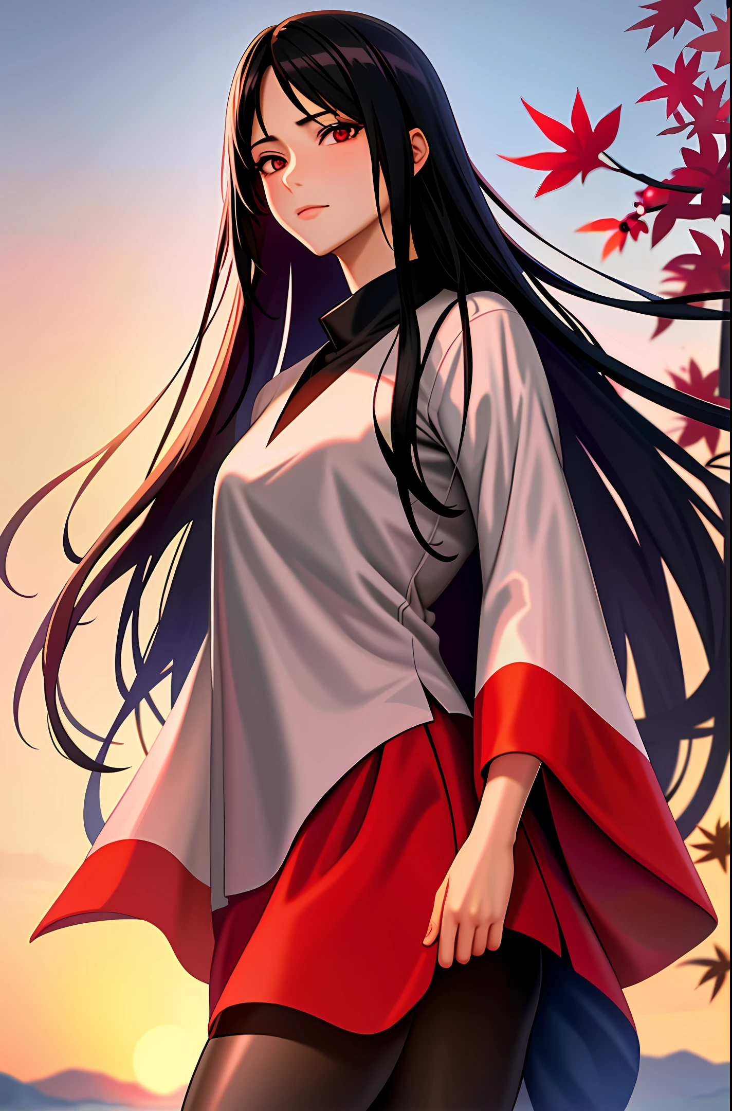I want a high-definition artwork that depicts Itachi Uchiha's detailed face on top of a tree, seen from below. Your black hair should be in the wind and your eyes should be scarlet in color. In the background, a beautiful lake should reflect the scarlet moon. The starry sky should be seen among the leaves of the tree. This work should be thoughtful and a true masterpiece, ideal to be used as a wallpaper