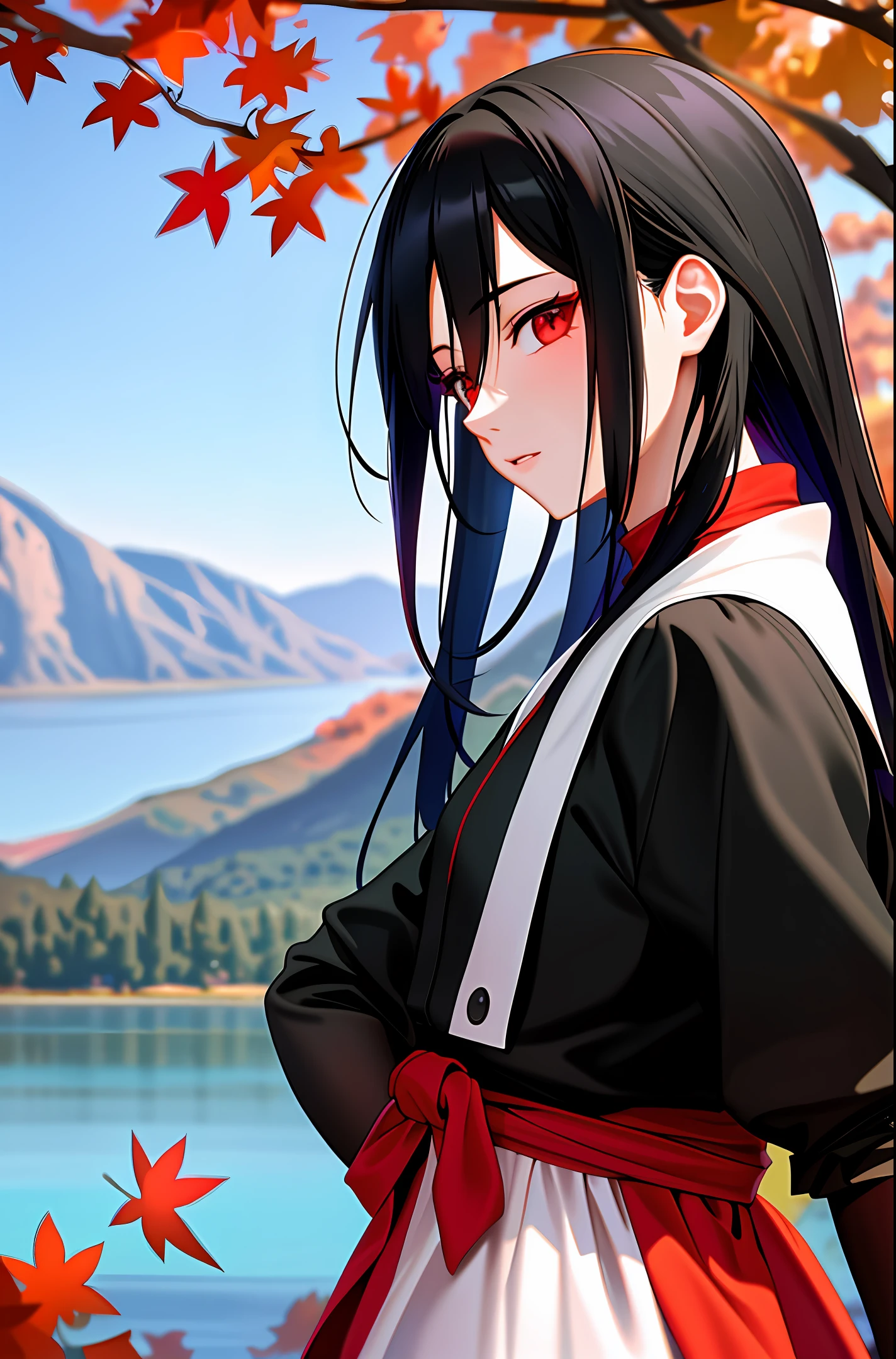 I want a high-definition artwork that depicts Itachi Uchiha's detailed face on top of a tree, seen from below. Your black hair should be in the wind and your eyes should be scarlet in color. In the background, a beautiful lake should reflect the scarlet moon. The starry sky should be seen among the leaves of the tree. This work should be thoughtful and a true masterpiece, ideal to be used as a wallpaper