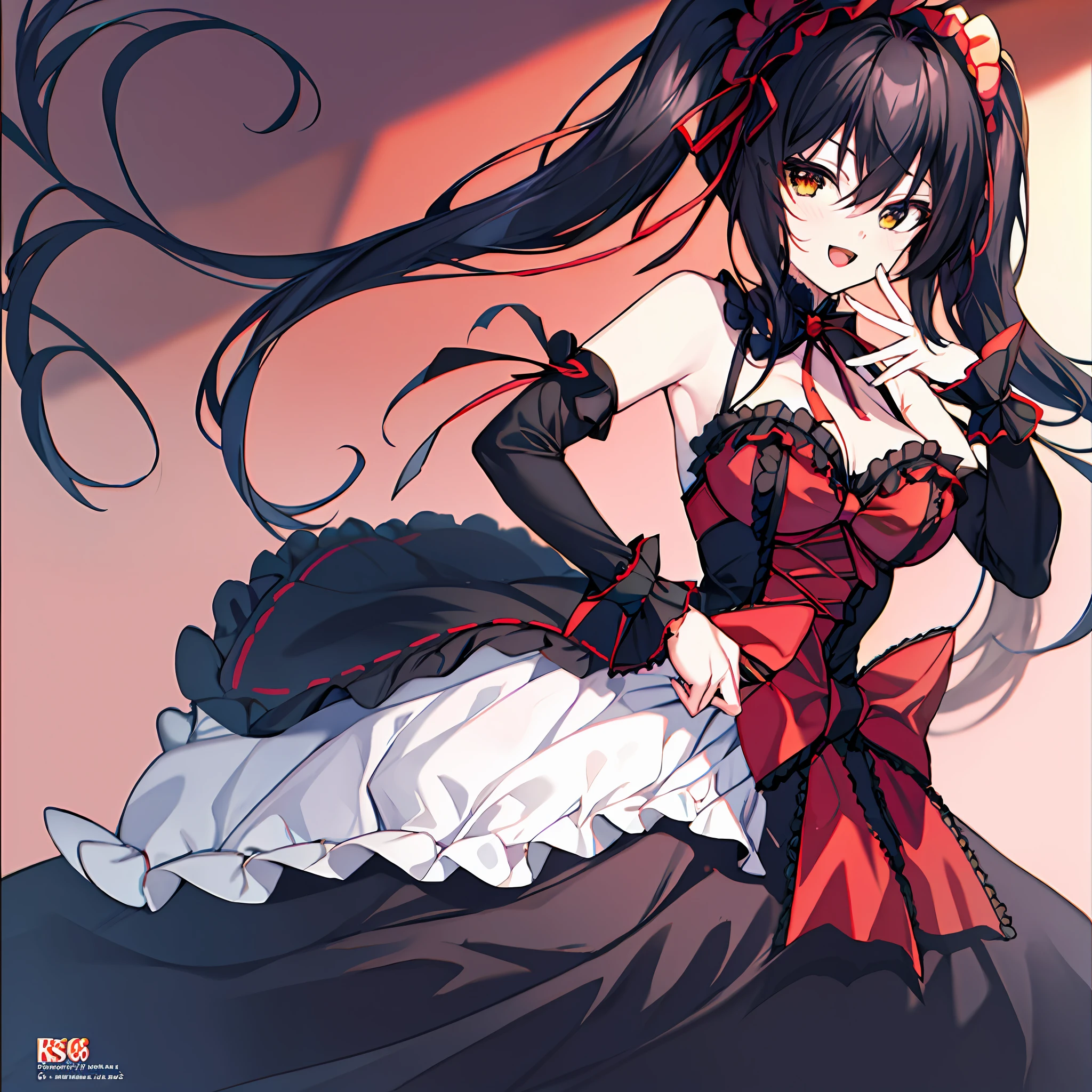 18 years old beautiful girl, masterpiece, top quality, 8K anime, 1 girl, solo, detailed fingers, precise fingers, not unnatural hands, odd eye, black hair twintails, kurumi tokizaki, ,