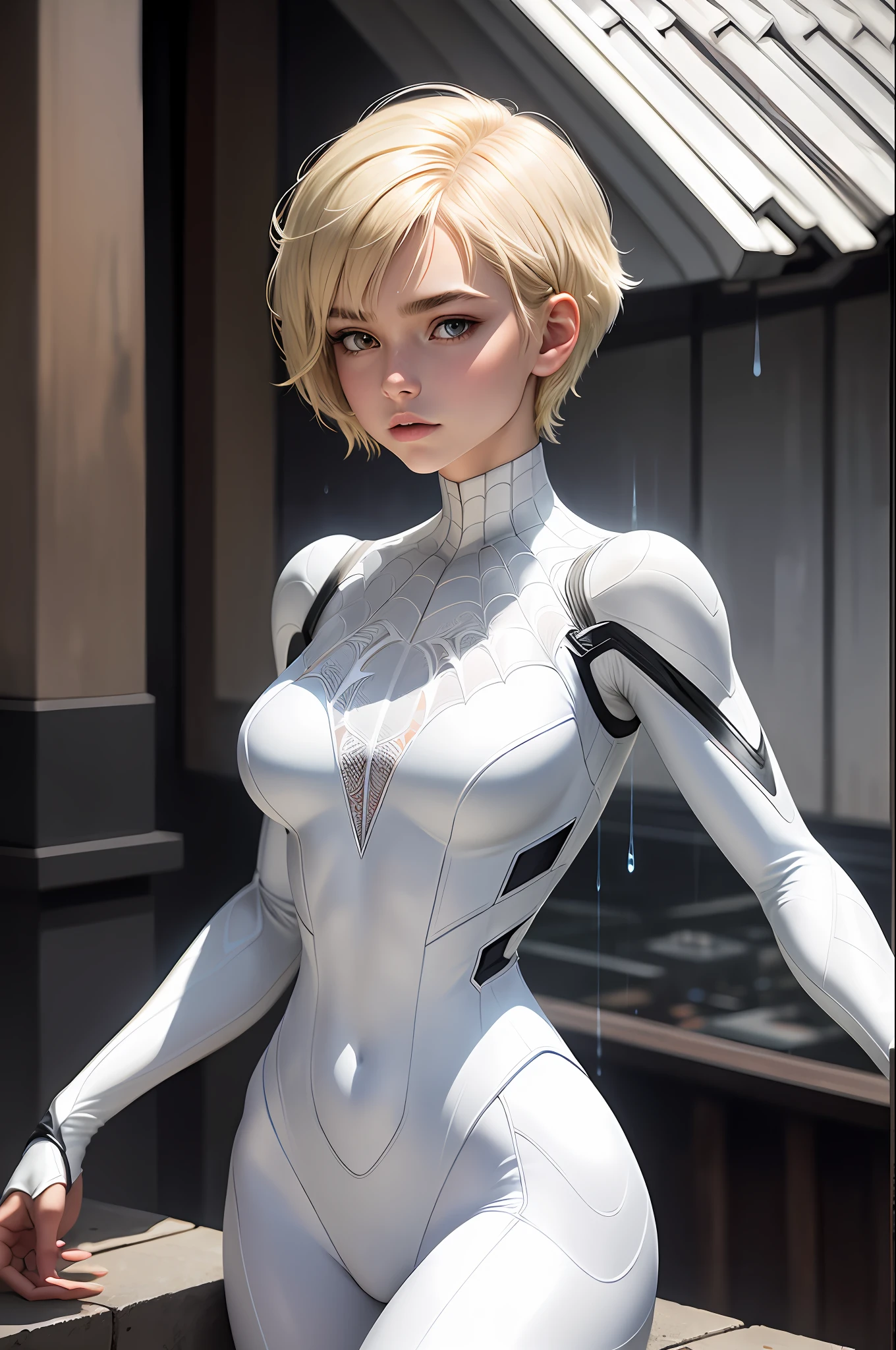 18 yo girl, white spider man suit, short blunt hair, blonde, beautiful face, rain, roof, masterpiece, intricate detail, perfect anatomy