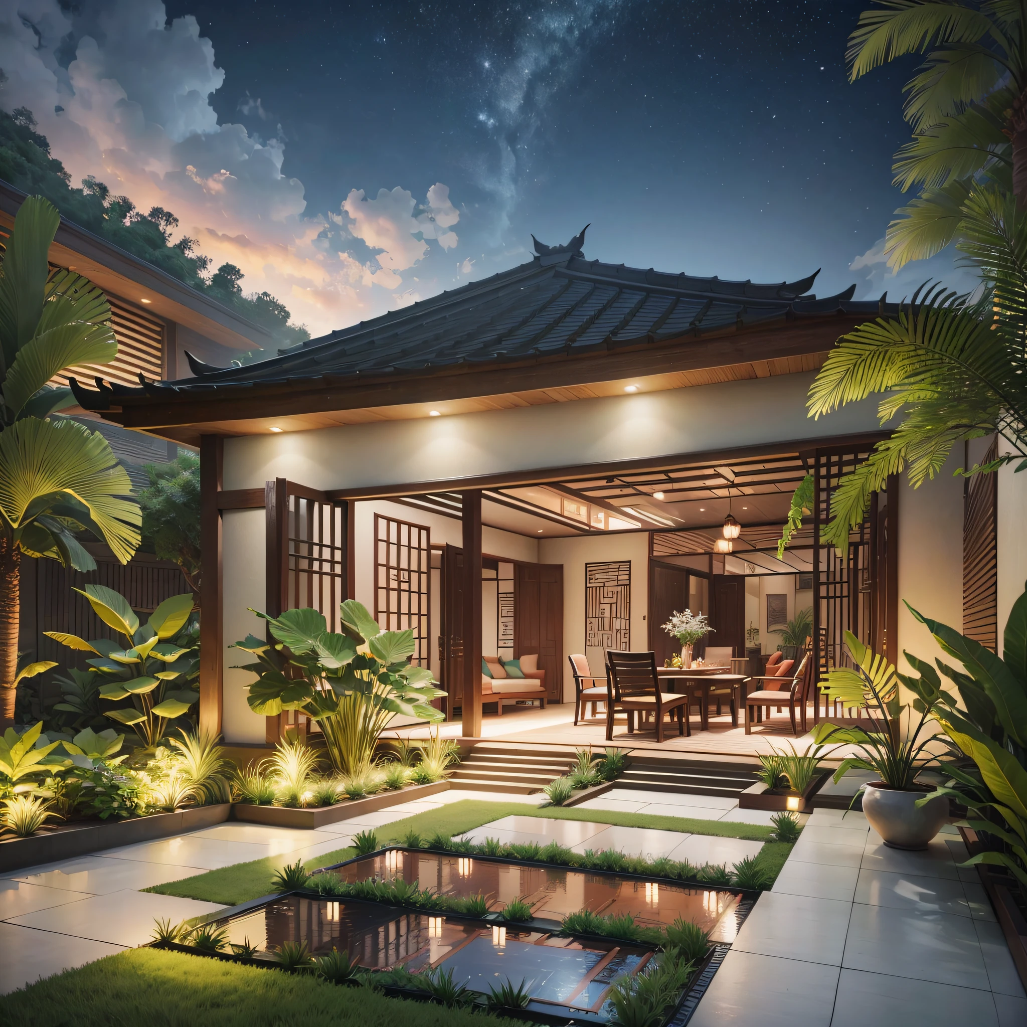 Garden design floor plan, Southeast Asian style, multi-angle display, 3d rendering, comfortable interior lighting, super detail, movies, evening furniture, 8K --auto --s2