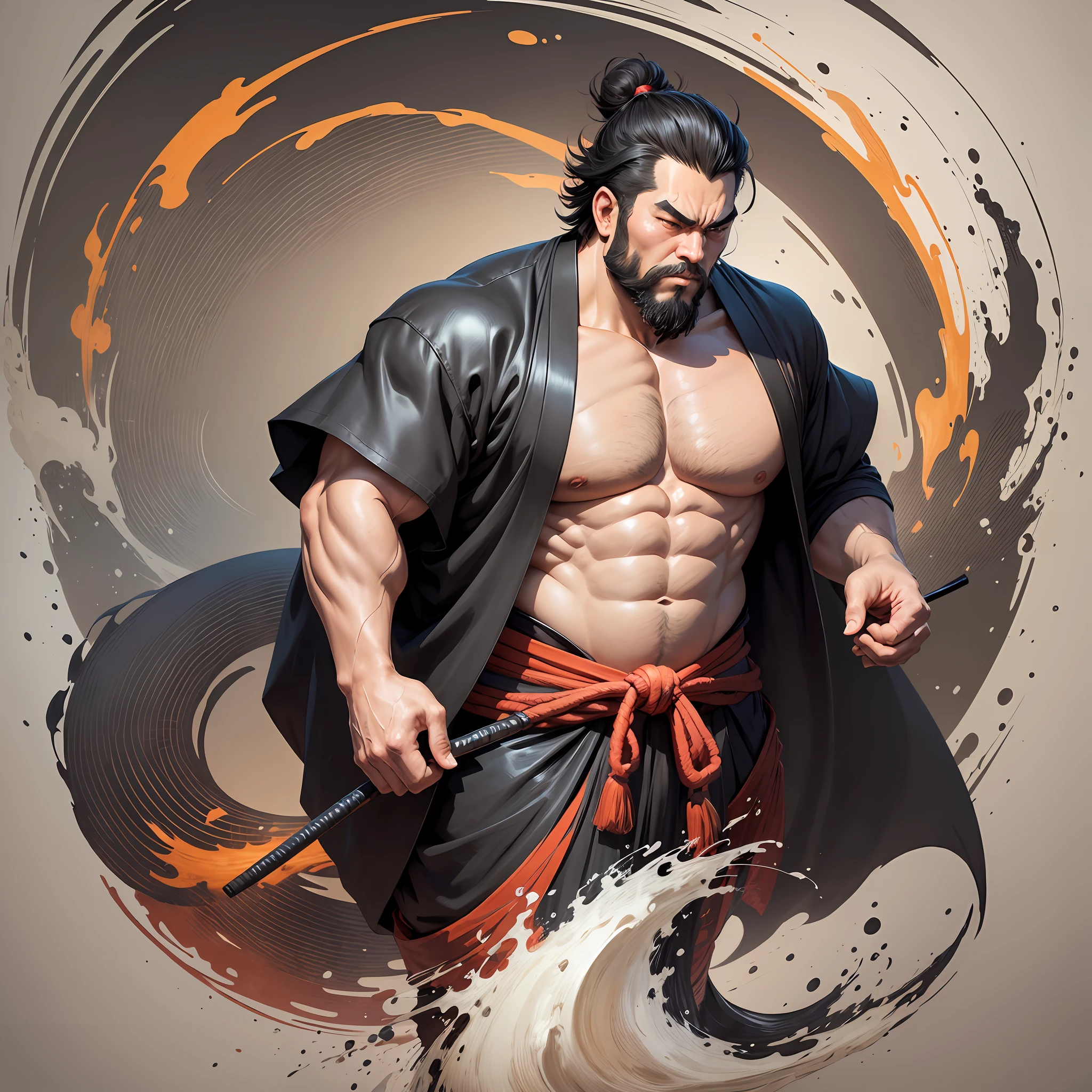 It is a full-body painting with natural colors in a cartoon-like style. A Japan samurai with a large body like a strongman. He has a rough face, short black hair, and a short, trimmed beard. He wears a black kimono. The hakama should be a little longer and draw in a flowing shape that flutters in the wind. In his right hand he holds a Japan etc. The background is a swirling flame in Katsushika Hokusai style. It is a masterpiece of high resolution acrylic of the highest quality, and a work that will be trending on Pixcv fanbox. --auto --s2