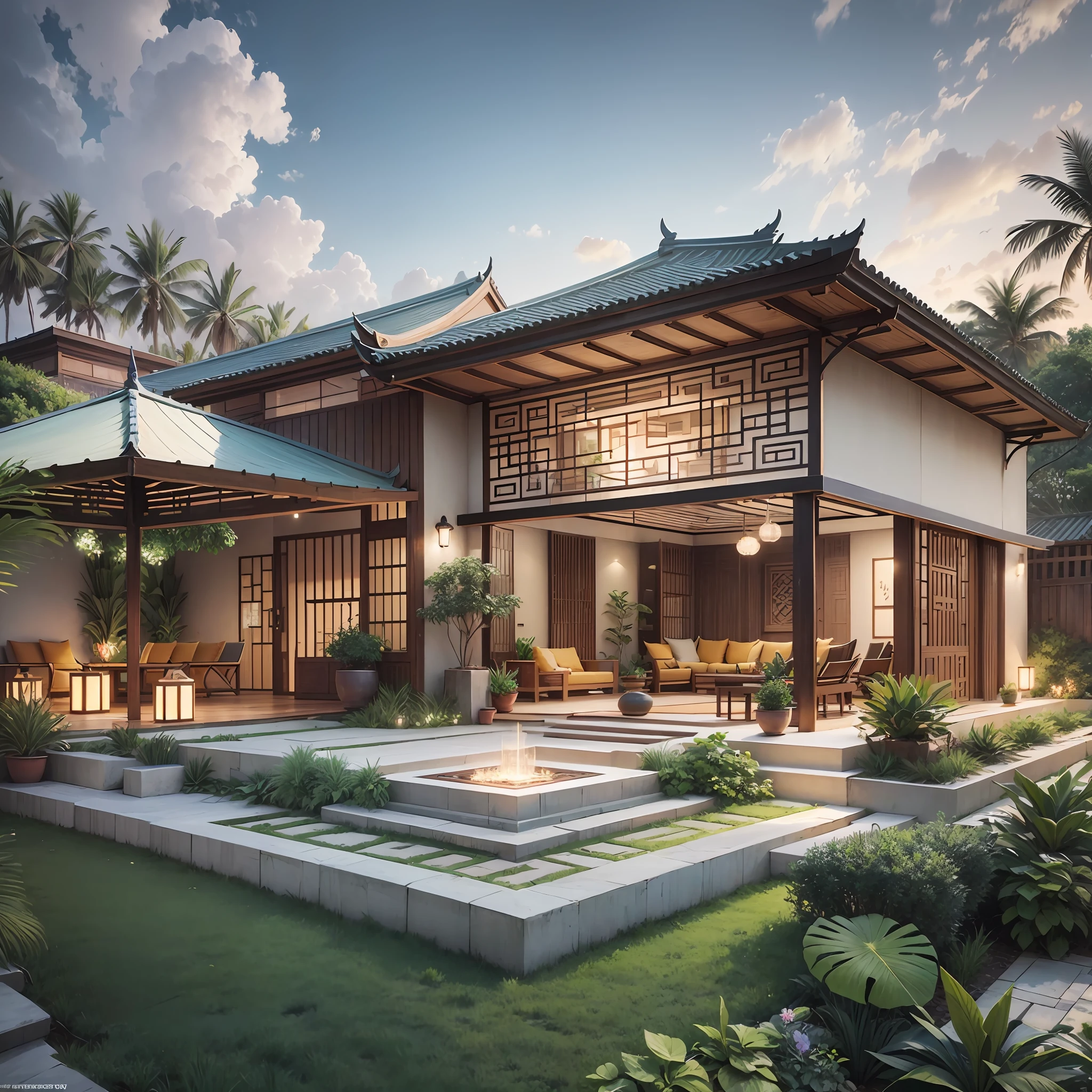 Garden design floor plan, Southeast Asian style, multi-angle display, 3d rendering, comfortable interior lighting, super detail, movies, evening furniture, 8K --auto --s2
