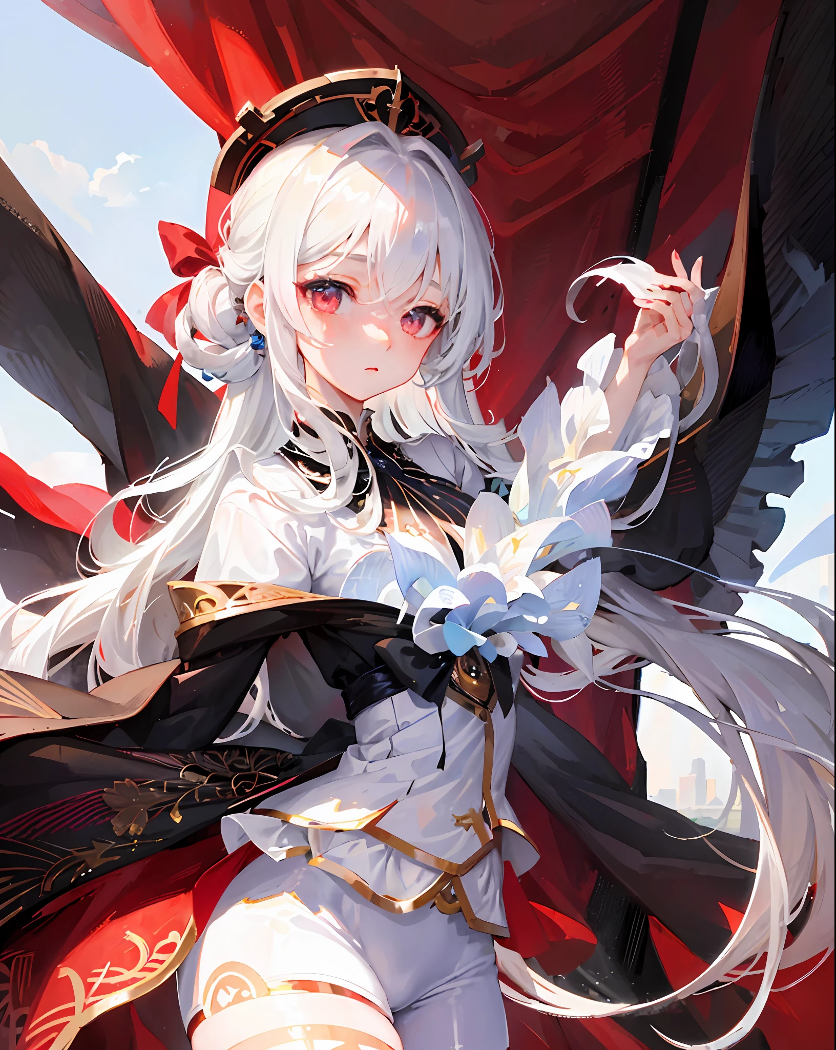 ((masterpiece)), ((high detail)), 1girl, ((ultra-detailed)), ((delicate face)), bust, beautiful detailed eyes, gradient hair, hair between the eyes, GSHead, 1girl, solo, white hair, red eyes, tights, genshin_impact, black_background , look at the audience,