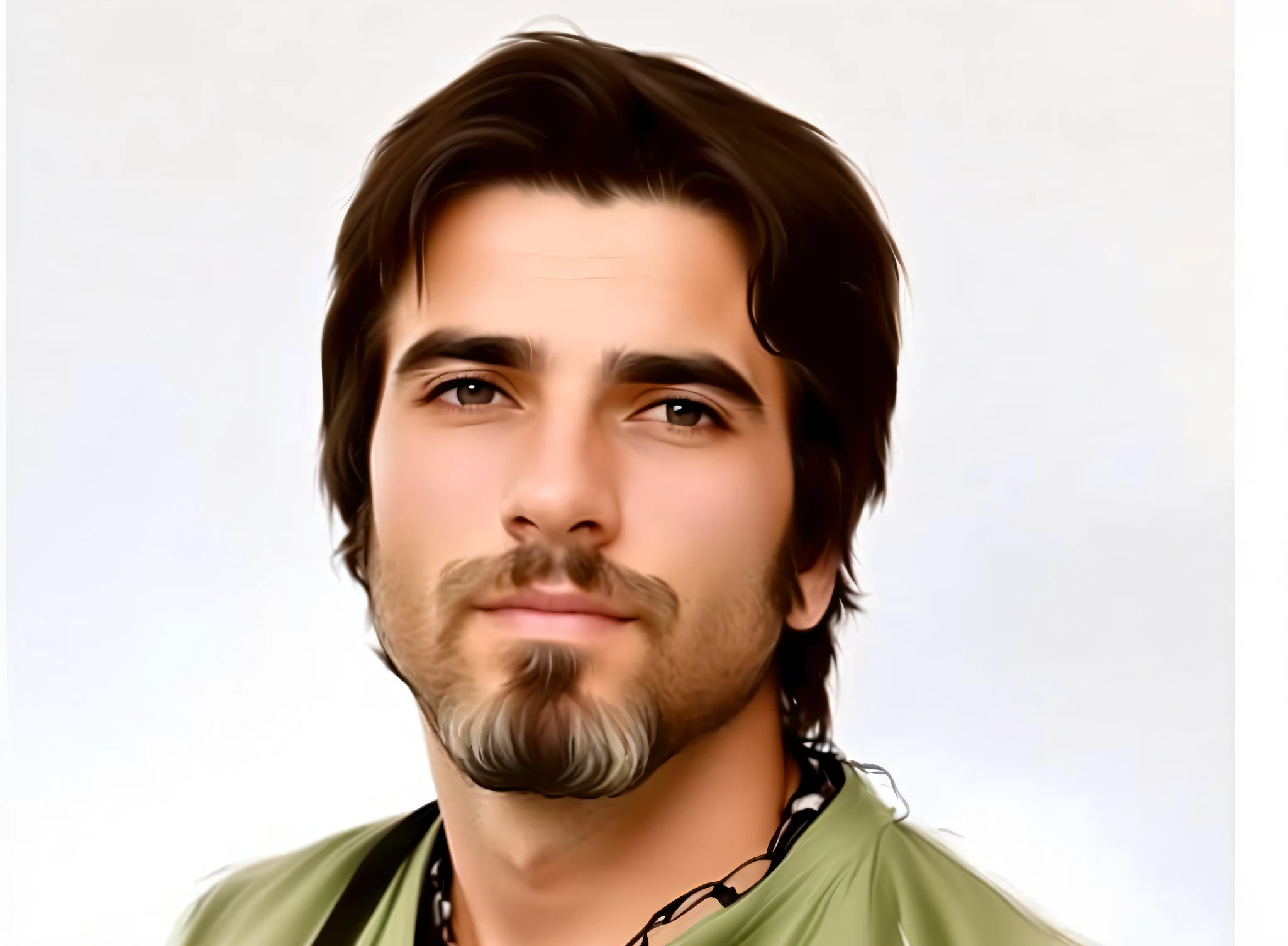 There is a man with a beard and green shirt, creates an artistic painting of the velazques type