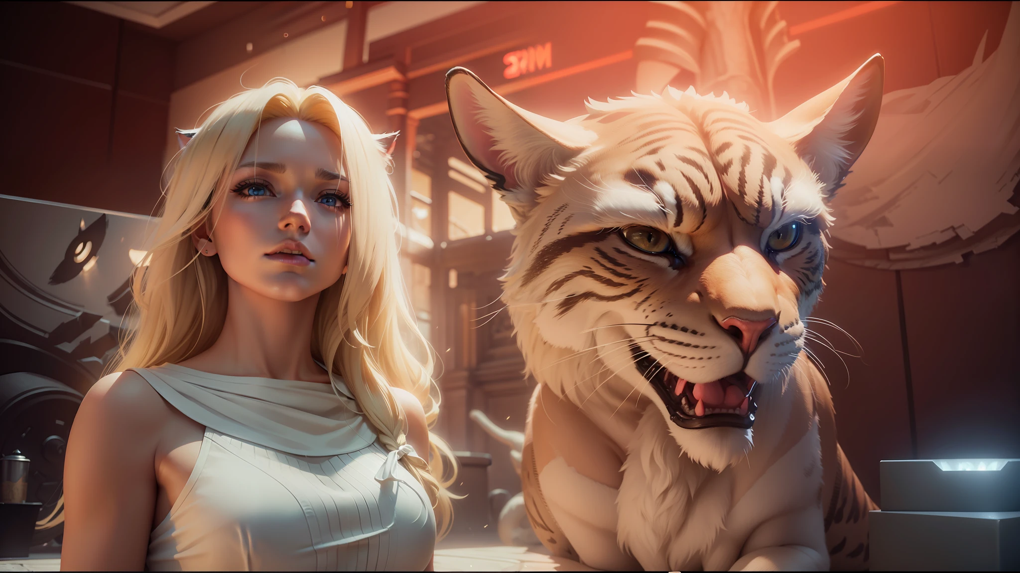 blond woman in white dress standing next to a statue of a cat, cgsociety unreal engine, artgerm ; 3d unreal engine, unreal engine render + a goddess, unreal engine 5 : :, unreal engine 5 », unreal engine 7, unreal engine: .2, cinematic unreal engine, cgsociety ), cgsociety 9, unreal engine 9, unreal engine 6 --auto --s2