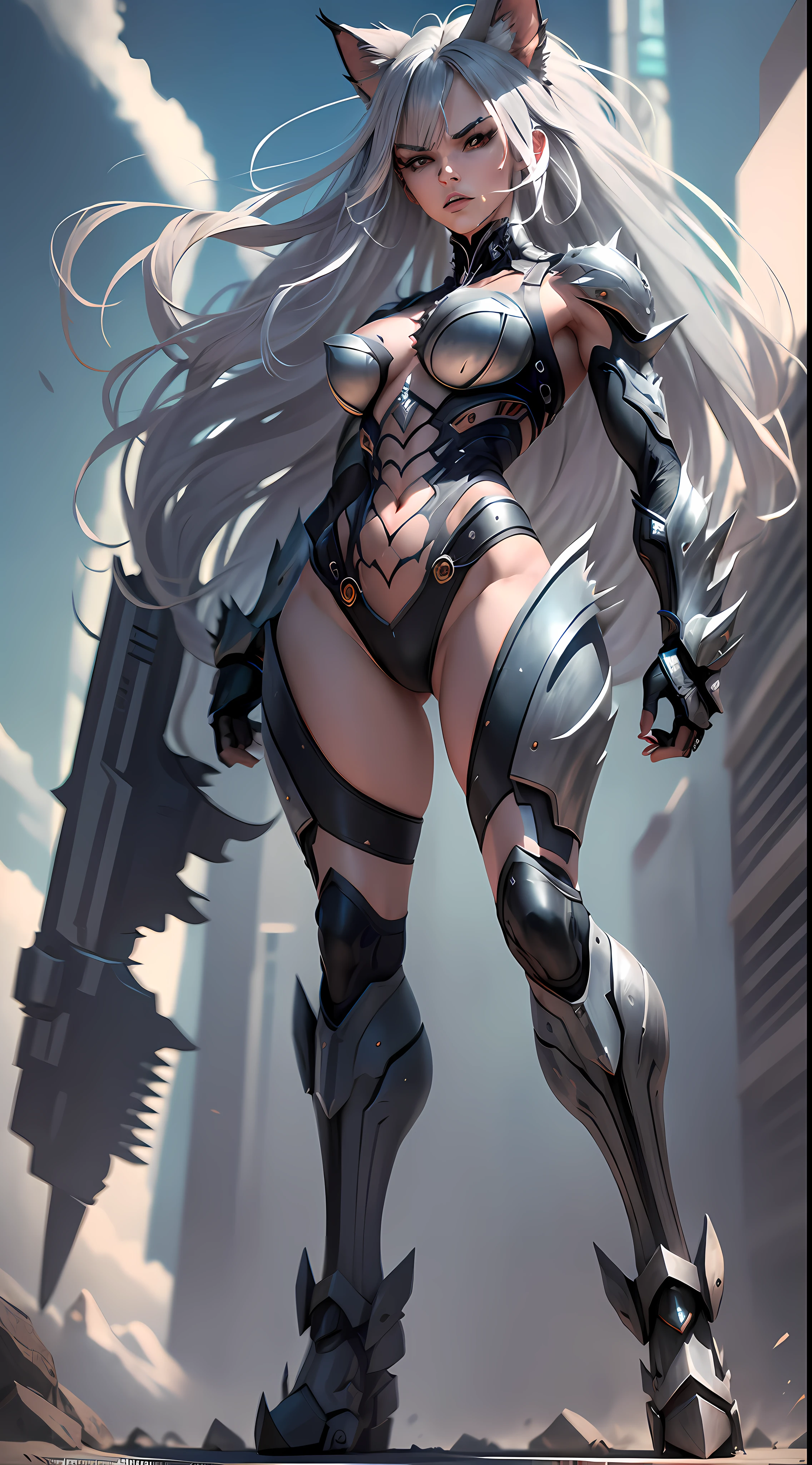 (long_gray_hair), (thick_lustrous_hair), (feminine_physique), (graceful_pose), (mechanical_joint_and_spine), (wild_feminine_beauty), (fierce_expression), (claw-like_weapons), (ferocious_warrior), (commanding_presence), (powerful_stature), (wild_mane), (mechanized_appendages), (powerful_strike), (fierce_combatant), (untamed_appearance), (feral_warrior), (mechanical_enhancements), (predatory_stance), (feminine_beast-like_features)