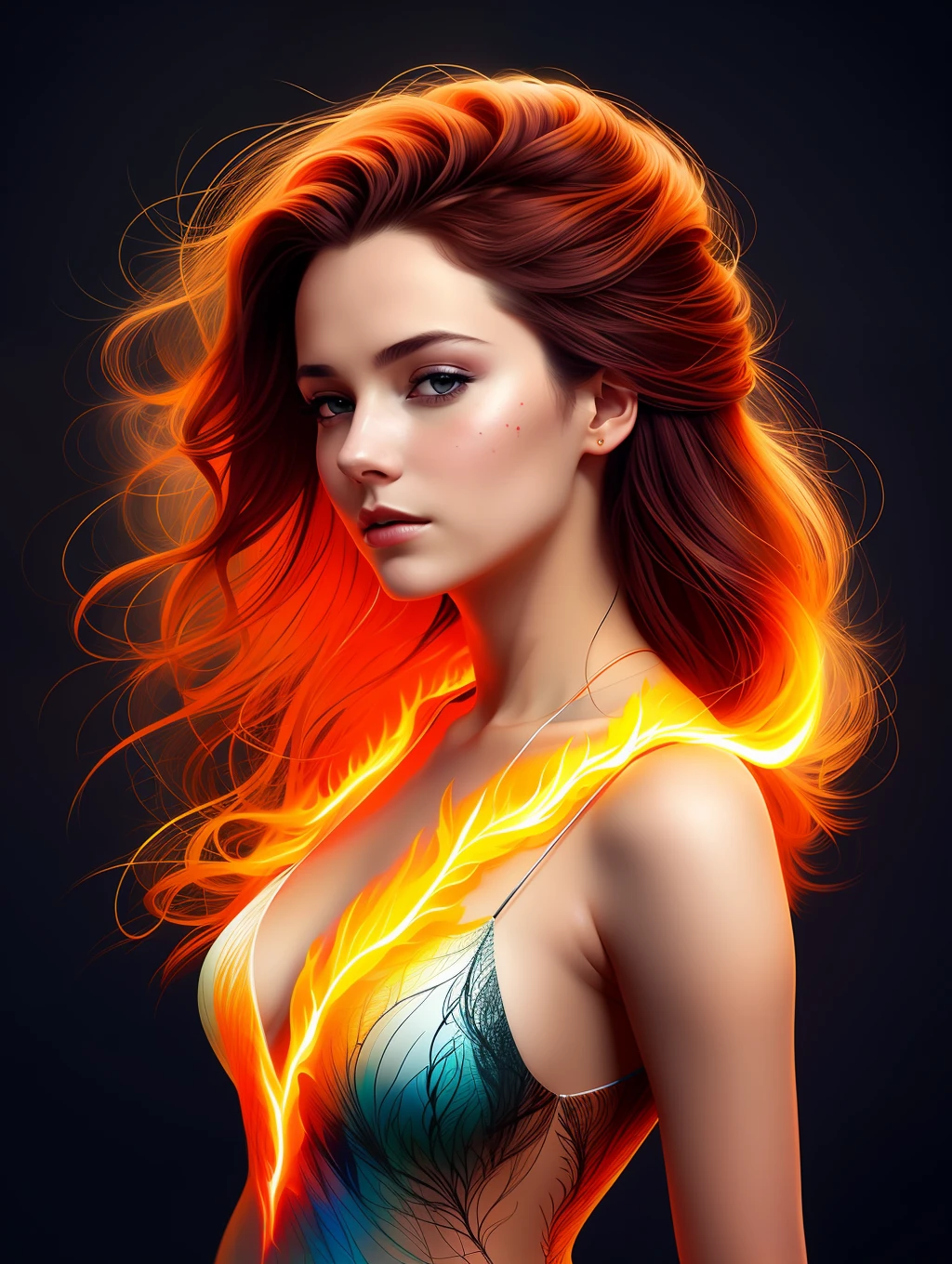 An extremely beautiful woman completely made out of burning flames and lightnings, long windy hair, wearing a silky flowing dress, her whole body is on fire, her skin looks like a volcanic lava, expression agony, in the style of Ilya Kuvshinov and Guweiz, Medium shot, vivid, intricate, highly detailed, insanely beautiful, 8K, uhd, Cecile Agnes, Carne Griffiths, digital painting.