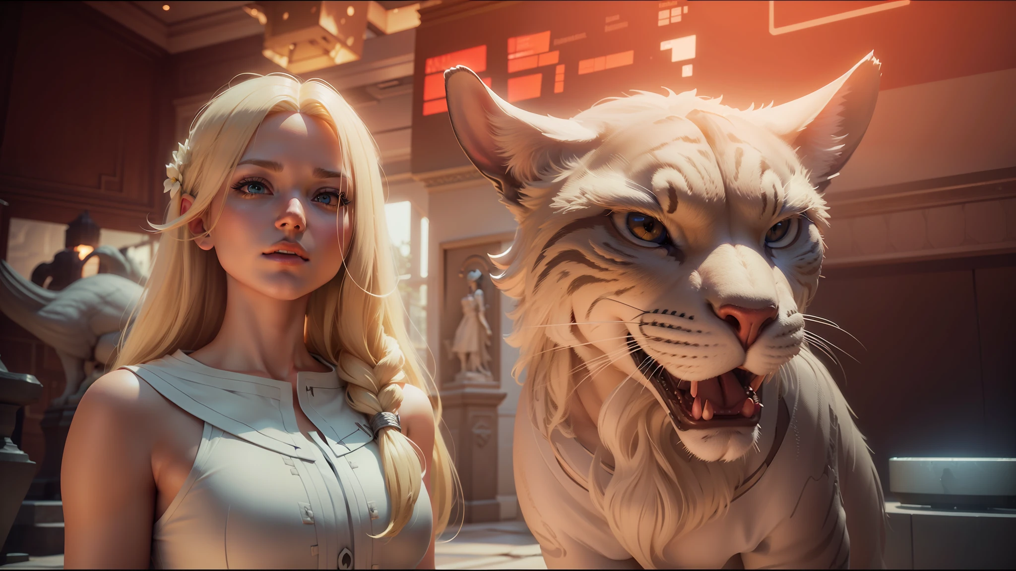 blond woman in white dress standing next to a statue of a cat, cgsociety unreal engine, artgerm ; 3d unreal engine, unreal engine render + a goddess, unreal engine 5 : :, unreal engine 5 », unreal engine 7, unreal engine: .2, cinematic unreal engine, cgsociety ), cgsociety 9, unreal engine 9, unreal engine 6 --auto --s2