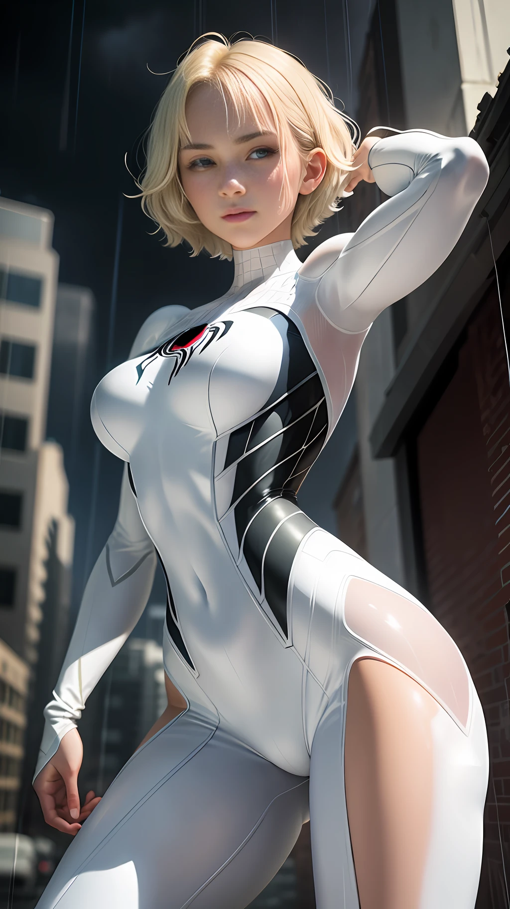 18 yo girl, white spider man suit, short blunt hair, blonde, beautiful face, rain, roof, masterpiece, intricate detail, perfect anatomy