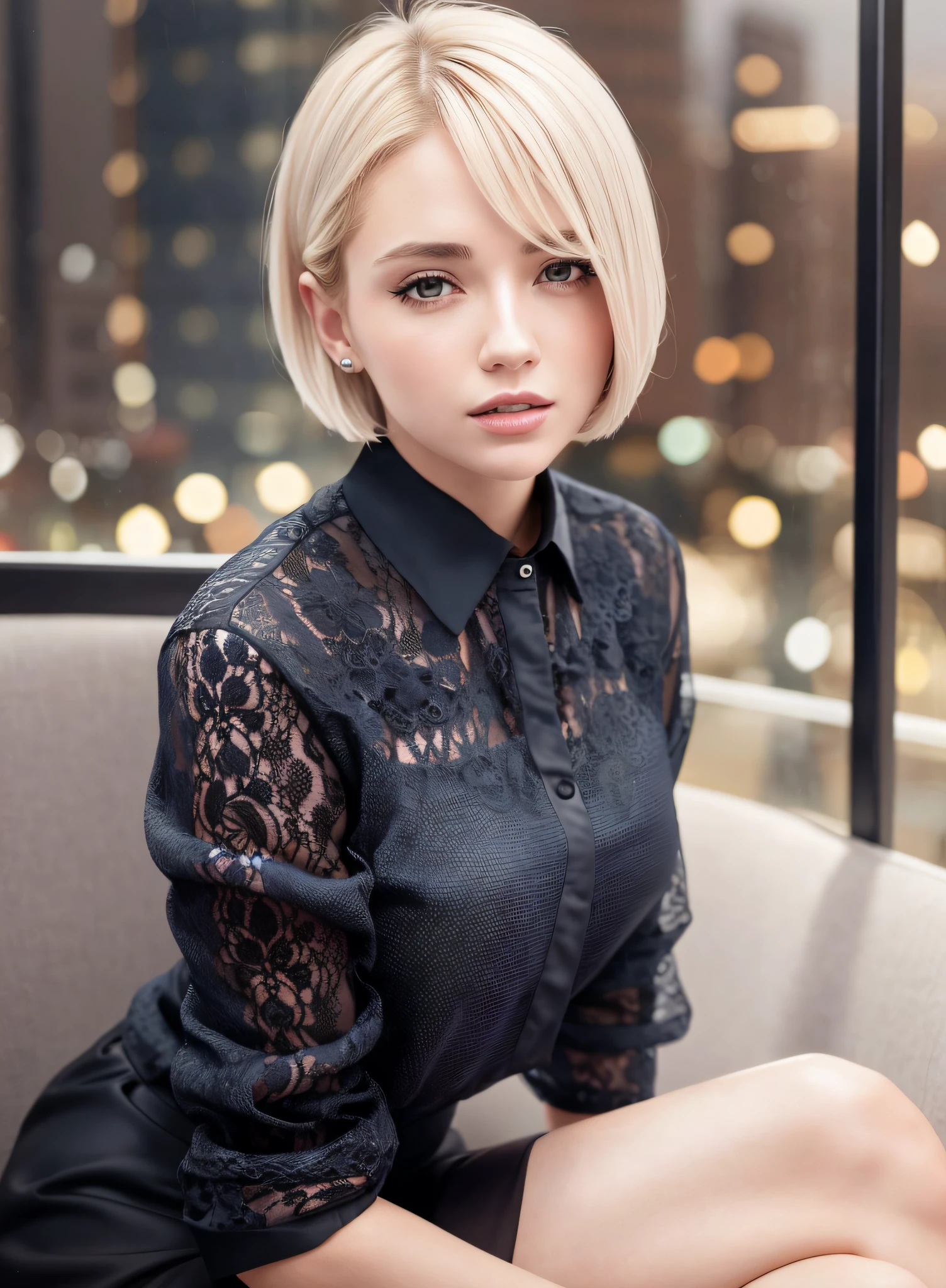 (8k, Best Quality, Masterpiece: 1.2), (Realistic, Photorealistic: 1.37), Super Detailed, 1 Girl, Cute, Alone, Beautiful Detailed Sky, Detailed Cafe, Night, Sitting, Date, ( Nose blush), (smile: 1.15), (close mouth) small breasts, beautiful details, (collared shirt: 1.1), night, wet, business wear, rain, white lace, (short hair: 1.2), floating Hair NovaFrogStyle,