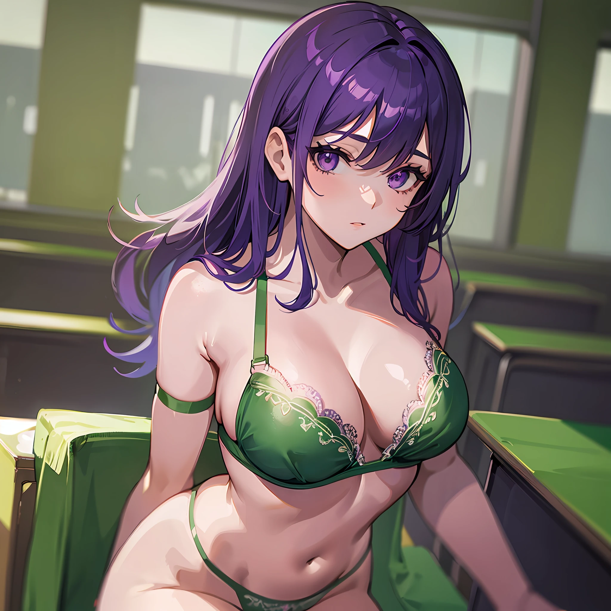Woman, medium breasts, green panties, green bra, inside the classroom, purple hair, purple eyes