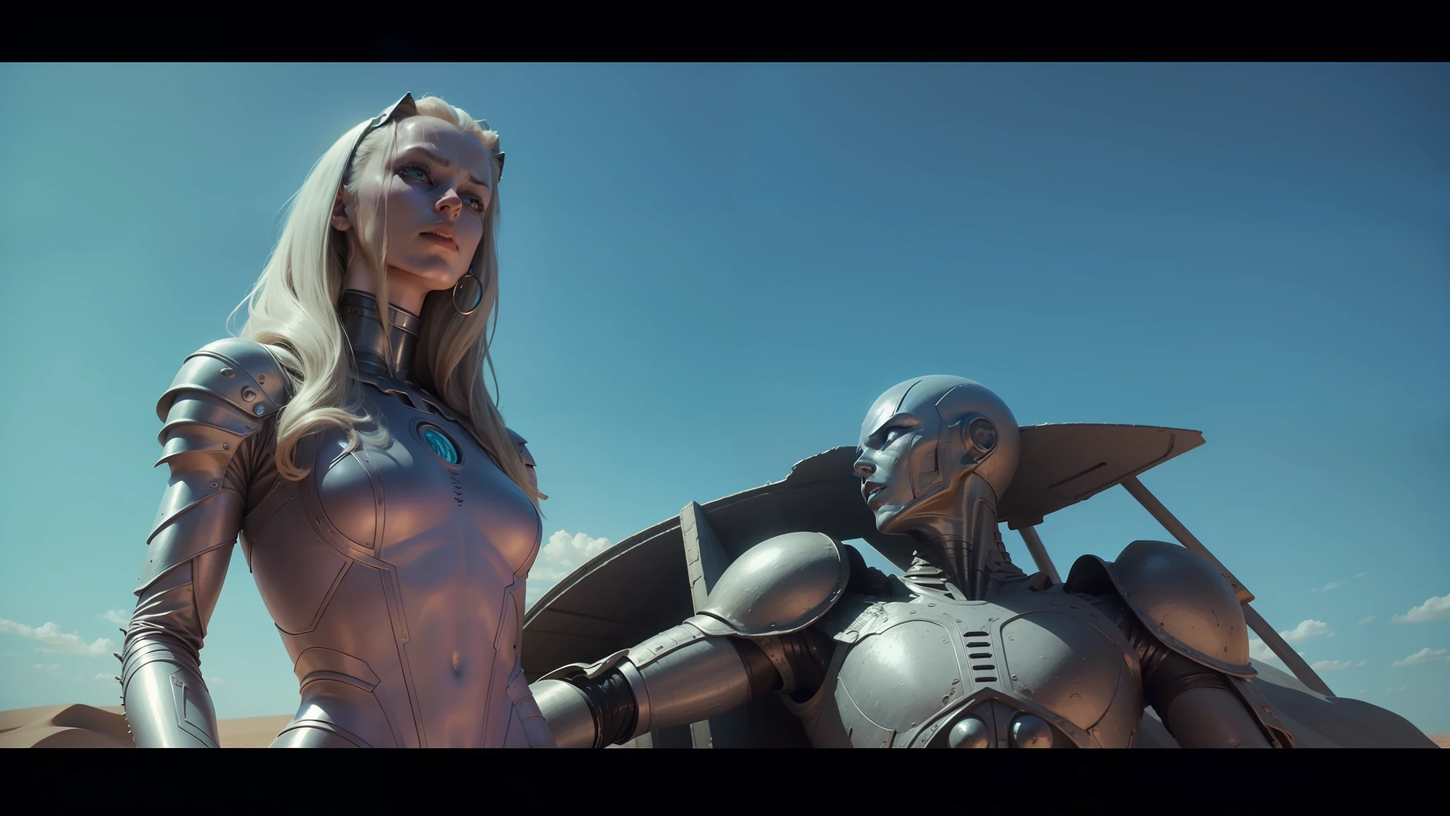 arafed woman in a pink dress standing next to a silver statue, die antwoord music video, movie still of a alien cyborg, film still from movie dune-2021, from a 2 0 1 9 sci fi 8 k movie, movie still of the alien girl, movie still of aztec cyborg, still from a music video, still from movie dune --auto --s2