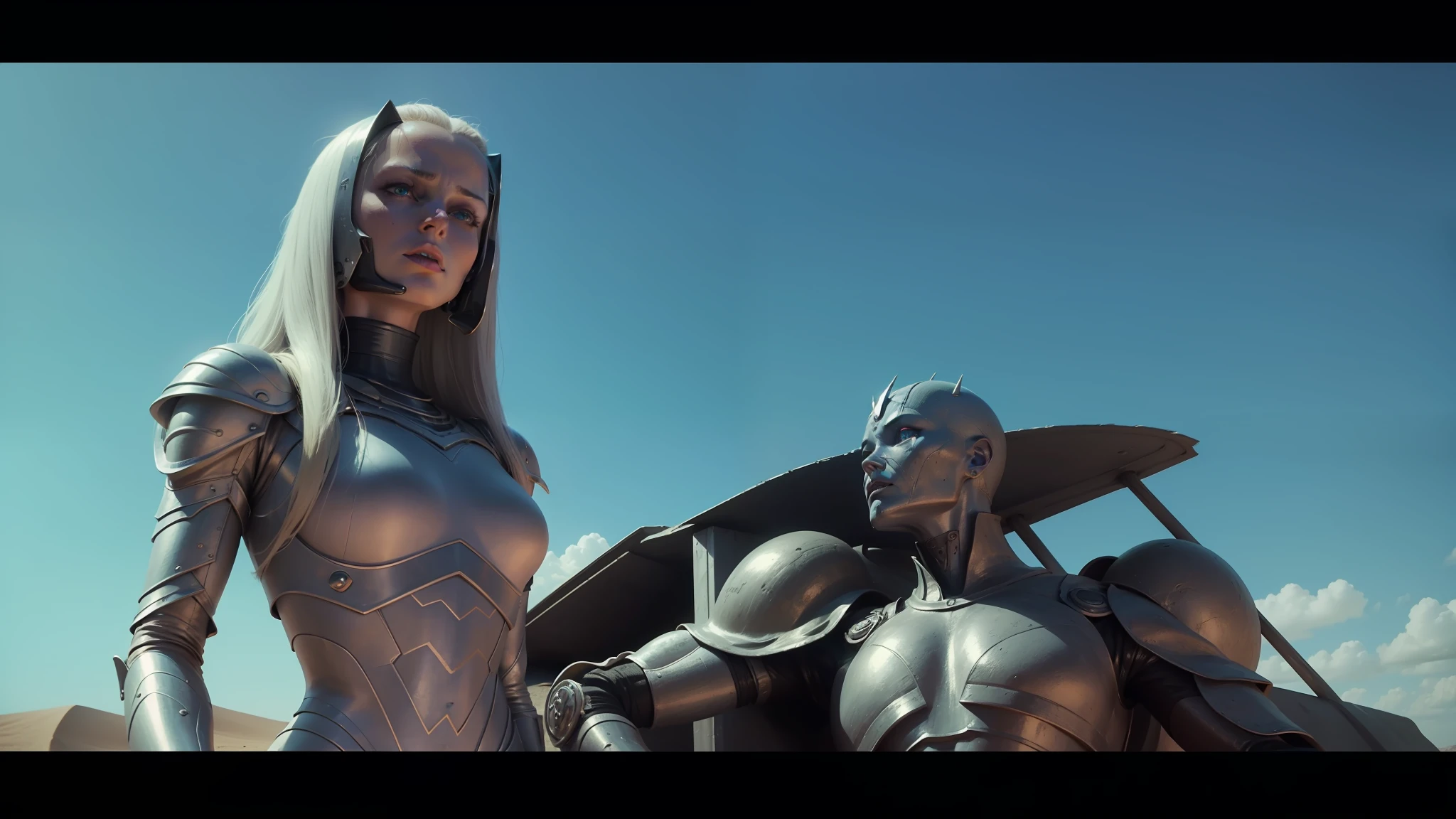 arafed woman in a pink dress standing next to a silver statue, die antwoord music video, movie still of a alien cyborg, film still from movie dune-2021, from a 2 0 1 9 sci fi 8 k movie, movie still of the alien girl, movie still of aztec cyborg, still from a music video, still from movie dune --auto --s2