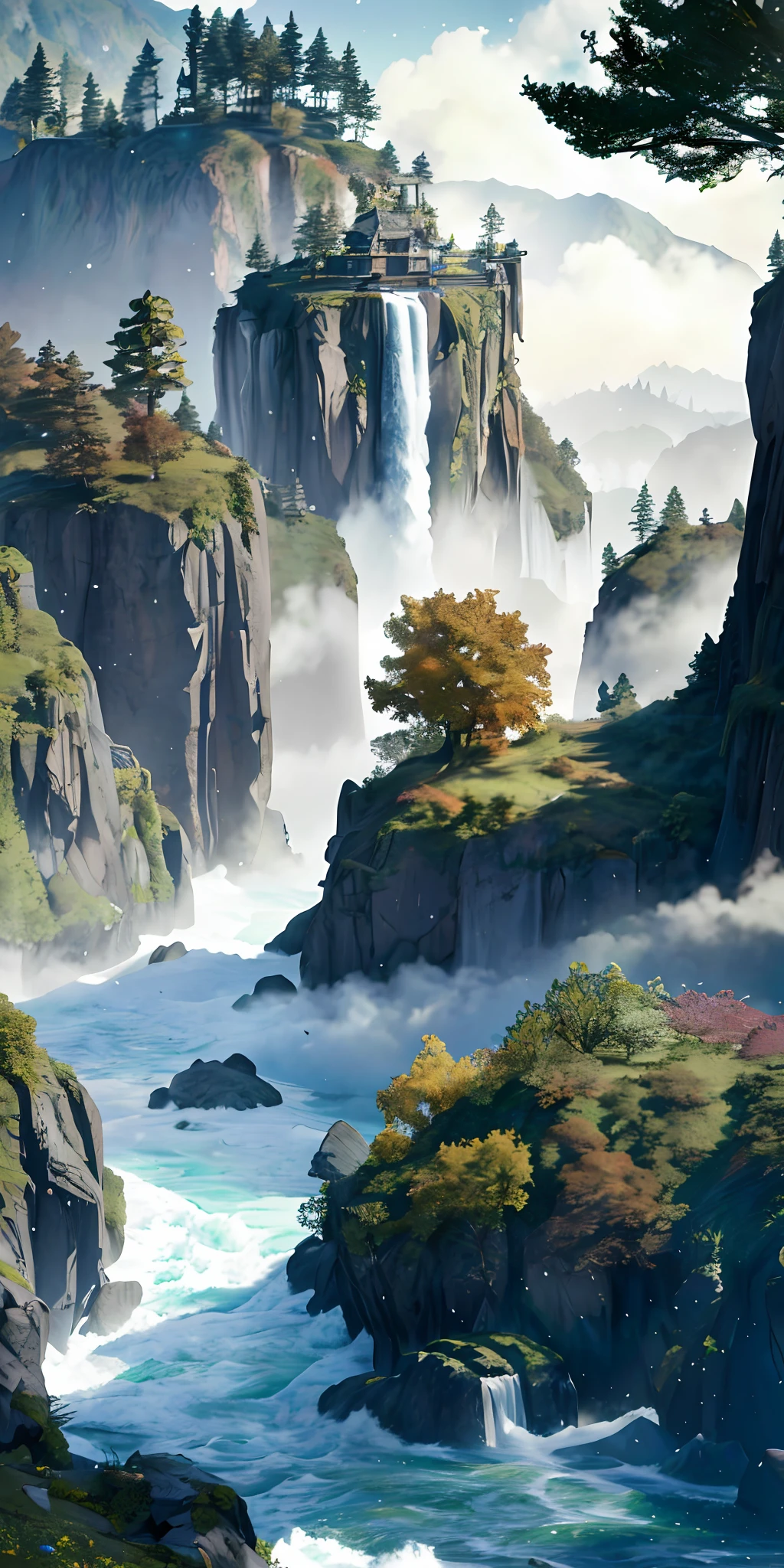 Analog style,ChromaV5,nvinkpunk,(extremely detailed CG unity 8k wallpaper),An image of a majestic river, trees on the sides, tiny waterfall, intense fog ,award winning photography, Chromatic Aberration, Detailed , HDR, Bloom, style by Monet, Pissarro, and Sisley ,trending on ArtStation, trending on CGSociety, art by midjourney