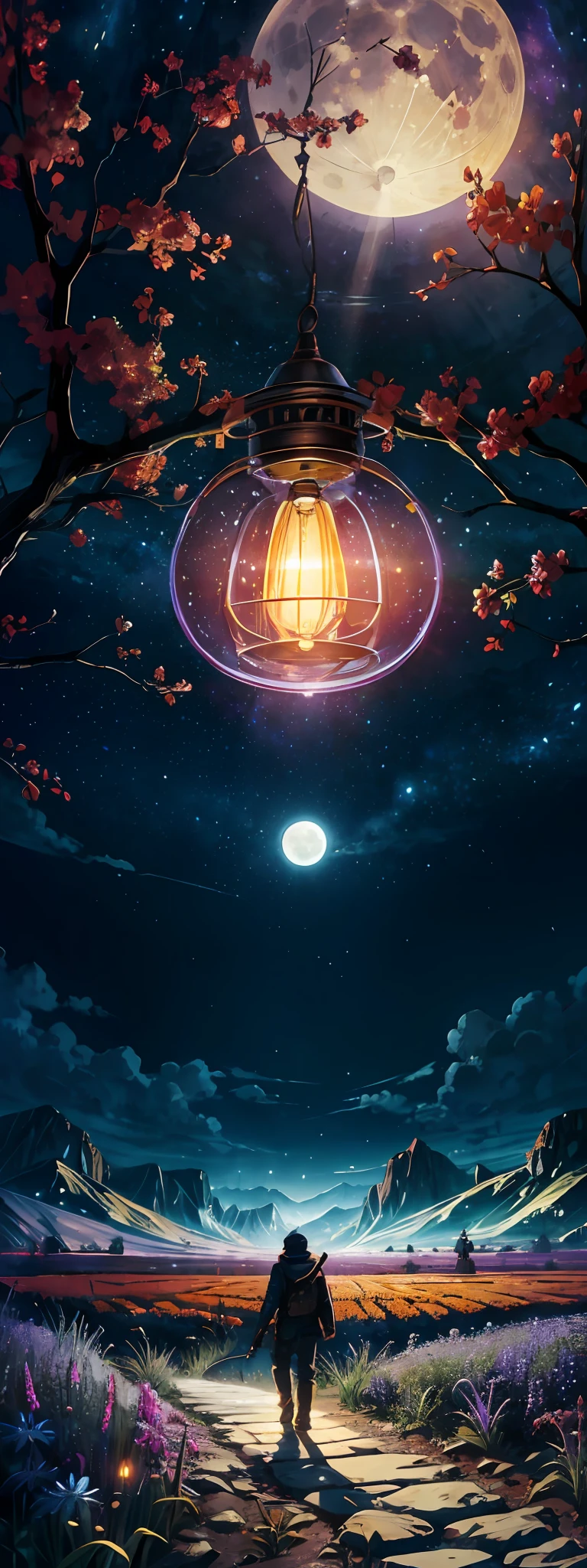 expansive landscape photograph , (a view from below that shows sky above and open field below), a guy standing on flower field looking up, (full moon:1.2), ( shooting stars:0.9), (nebula:1.3), distant mountain, tree BREAK
production art, (warm light source:1.2), (Firefly:1.2), lamp, lot of purple and orange, intricate details, volumetric lighting, realism BREAK
(masterpiece:1.2), (best quality), 4k, ultra-detailed, (dynamic composition:1.4), highly detailed, colorful details,( iridescent colors:1.2), (glowing lighting, atmospheric lighting), dreamy, magical, (solo:1.2)