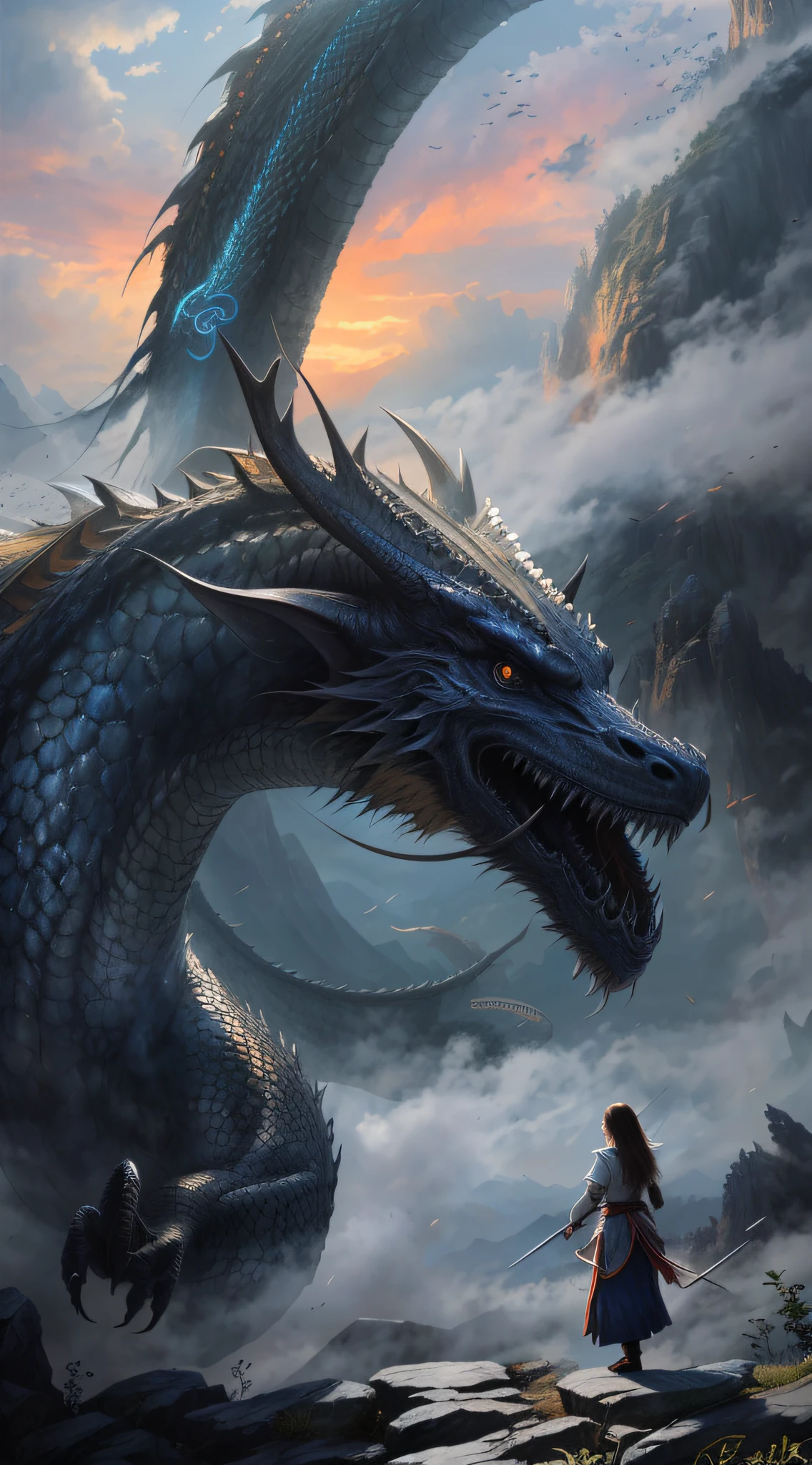 there is a woman standing in front of a dragon with a sword, chinese dragon concept art, by Yang J, cyan chinese dragon fantasy, by Arthur Pan, highly detailed fantasy art, chinese fantasy, dragon art, oil painting of dragon, 4k highly detailed digital art, 4k fantasy art, colossal dragon as background, giant dragon flying in the sky