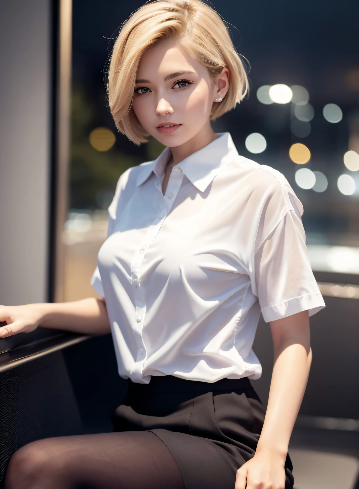 (8k, Best Quality, Masterpiece: 1.2), (Realistic, Photorealistic: 1.37), Super Detailed, 1 Girl, Cute, Alone, Beautiful Detailed Sky, Detailed Cafe, Night, Sitting, Date, ( Nose blush), (smile: 1.15), (close mouth) small , beautiful details, (collared shirt: 1.1), night, wet, business wear, rain, white lace, (short hair: 1.2), floating Hair NovaFrogStyle,