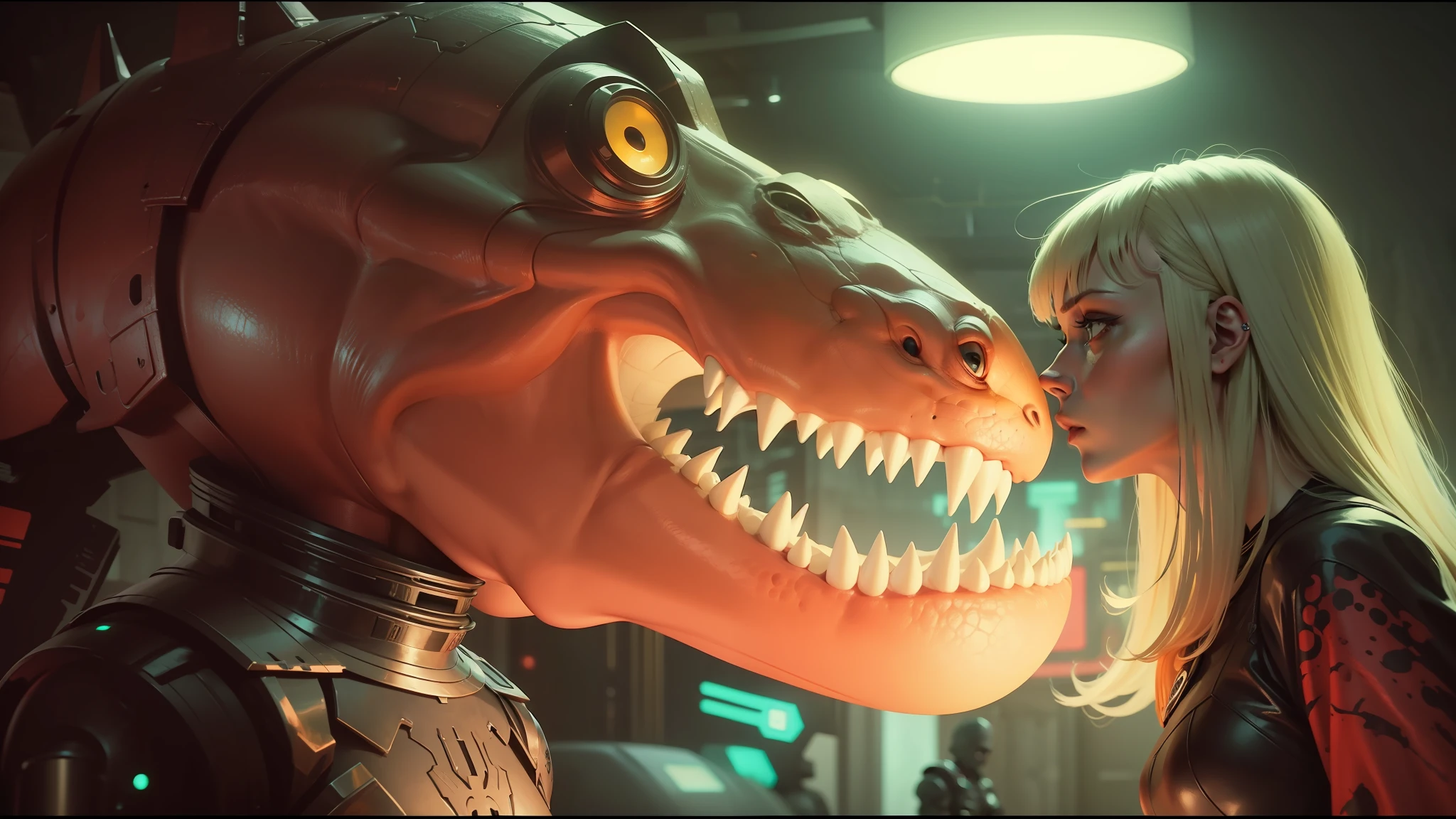 blond woman in a black dress standing next to a red dinosaur, die antwoord music video, movie still of the alien girl, die antwoord, from a 2 0 1 9 sci fi 8 k movie, award-winning cinematography, love death + robots, yoshimi versus the evil robots, still from a music video, movie screenshot, love death and robots --auto --s2